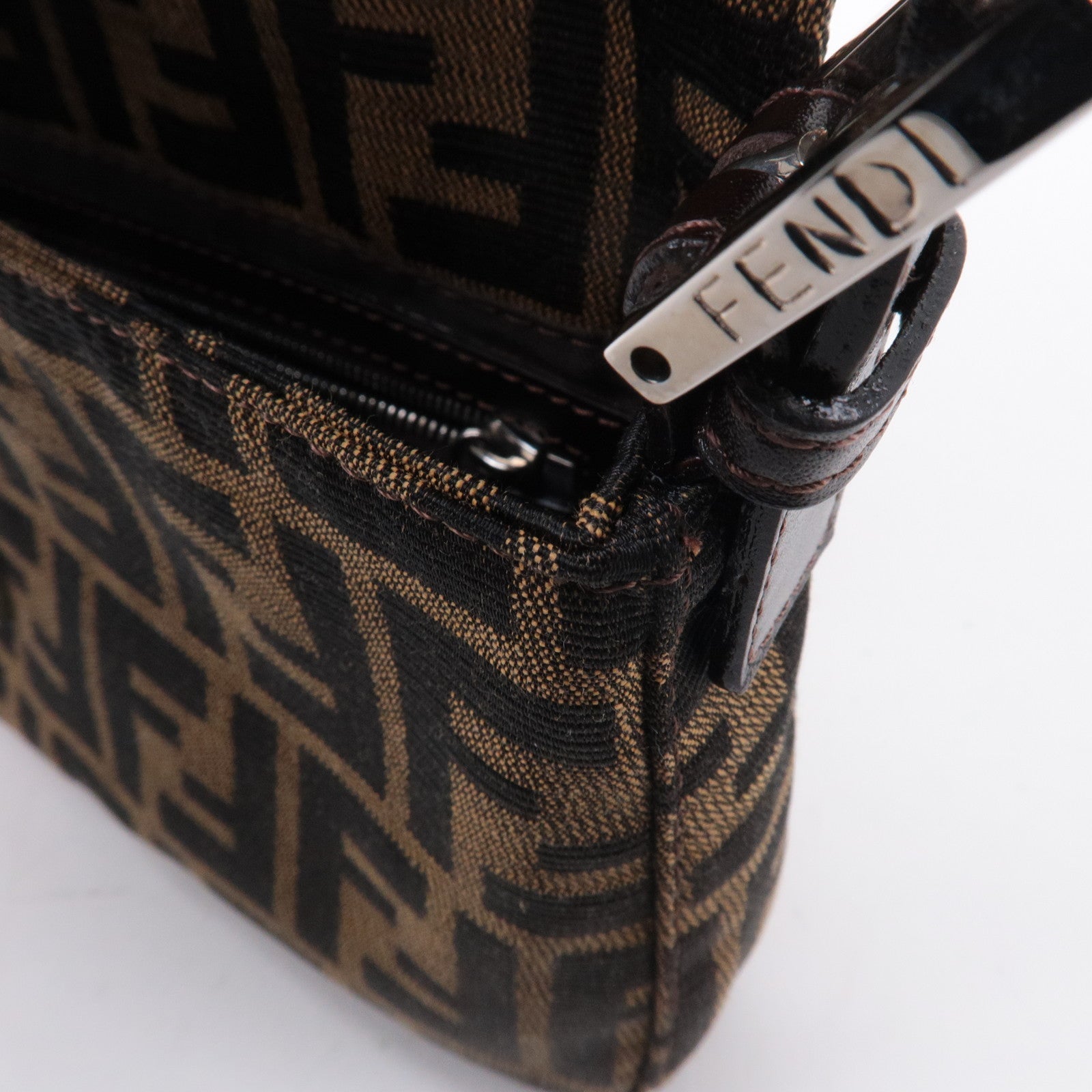 FENDI Mamma Baguette Zucca Canvas Leather Shoulder Bag Brown 26424