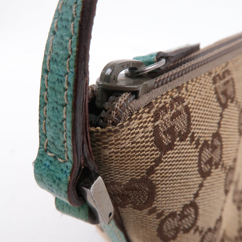 GUCCI Boat Bag GG Canvas Leather Pouch Emerald Green Beige 07198