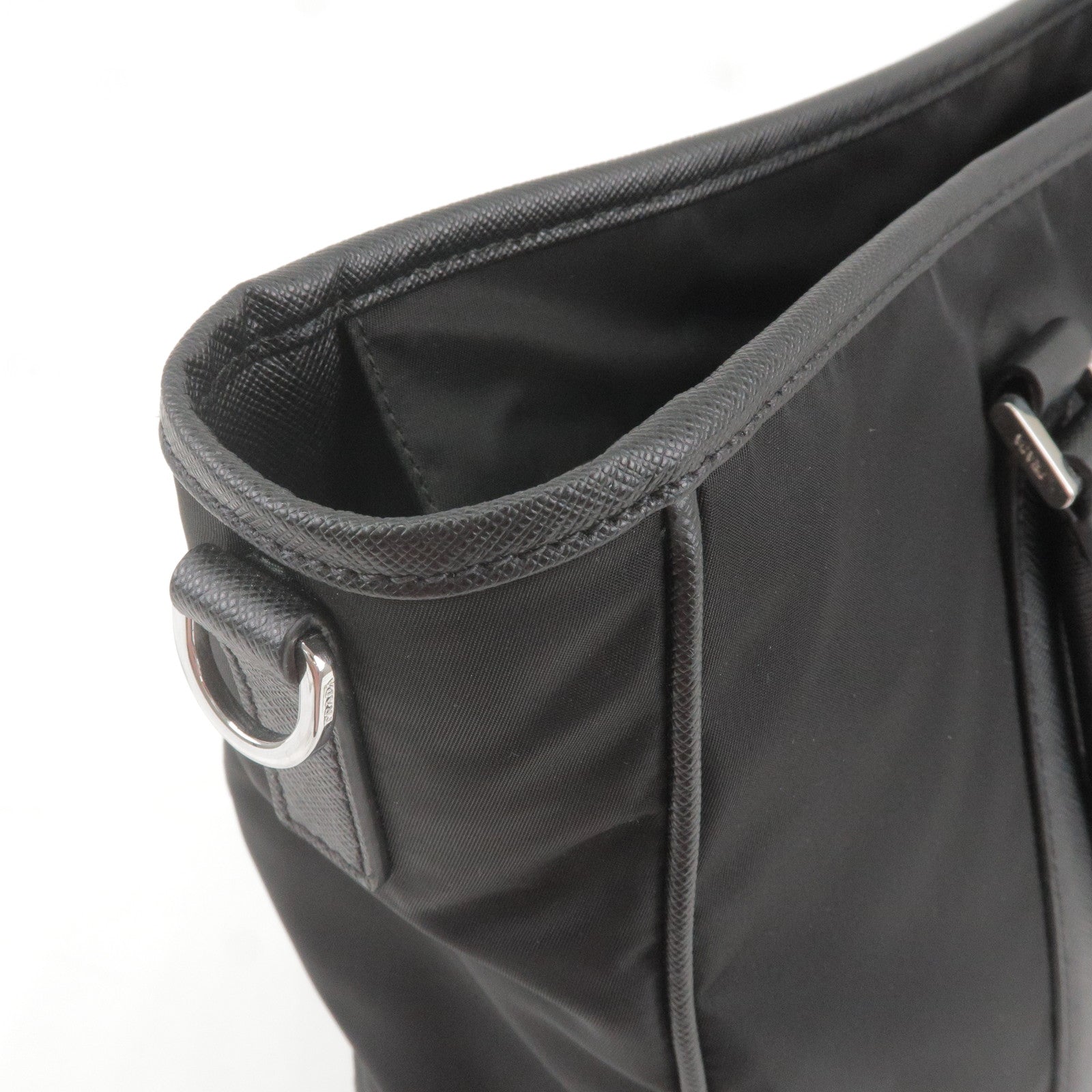 Prada Logo Nylon Leather Tote Bag NERO Black 2VG034