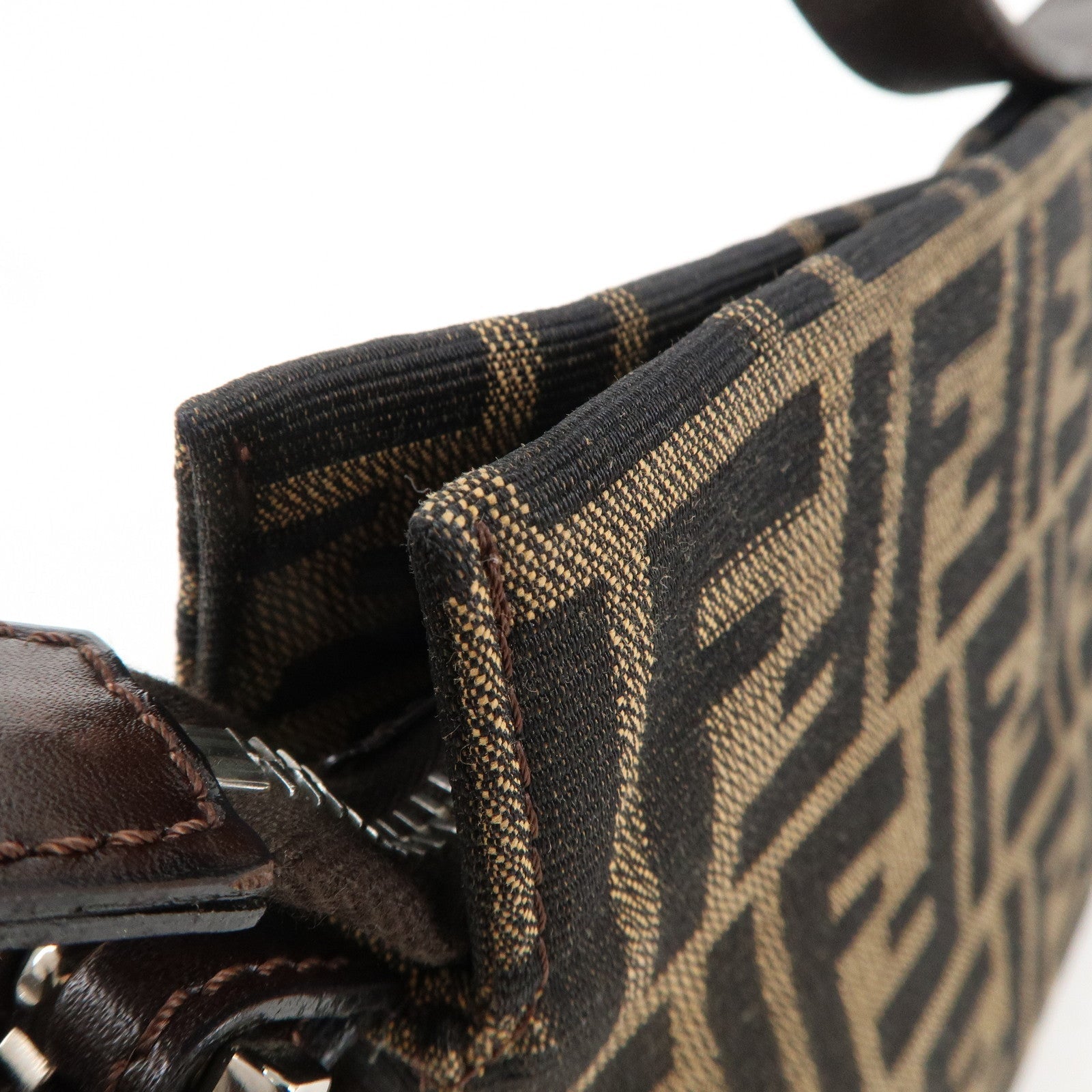 FENDI Zucca Canvas Leather Shoulder Bag Brown Black 26566