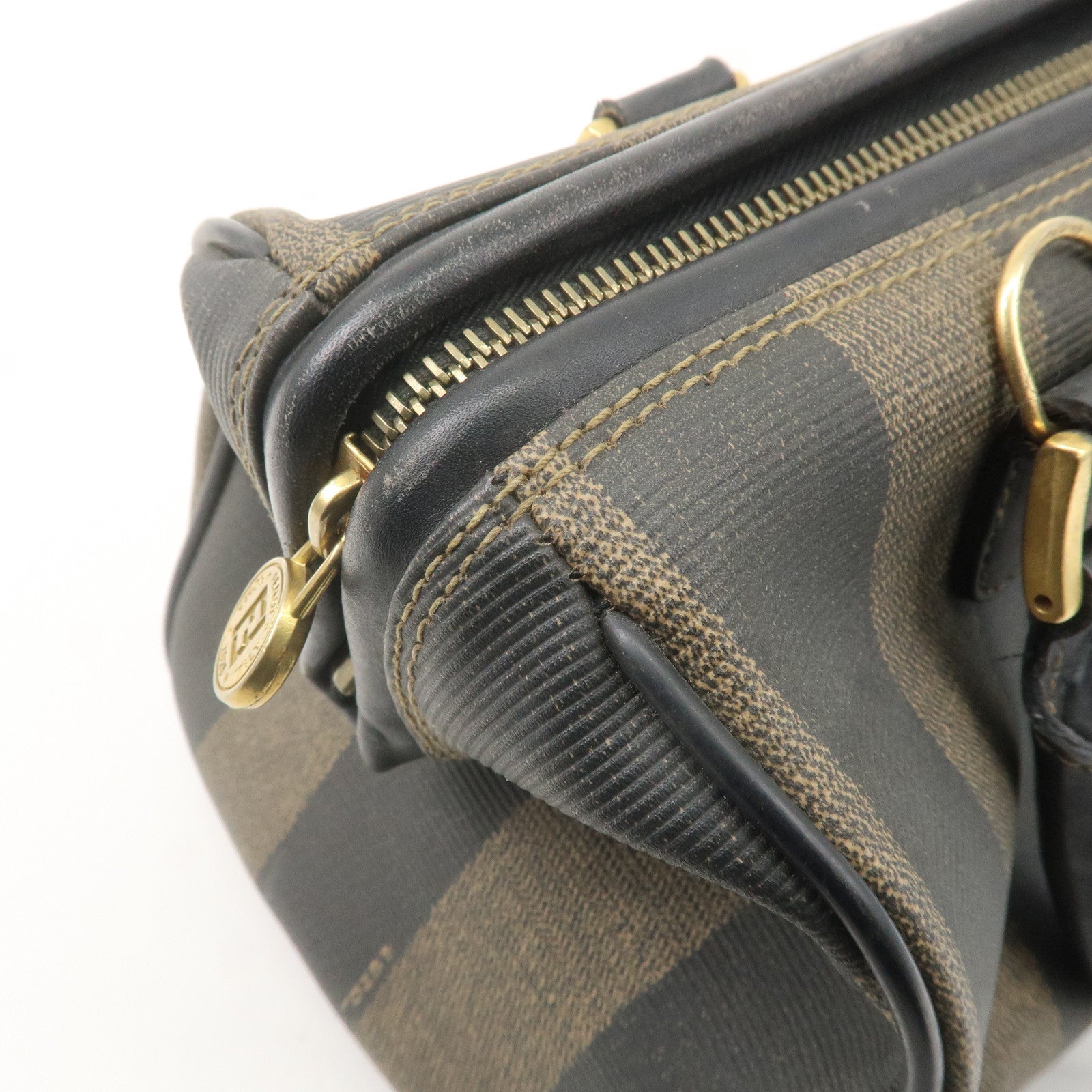 FENDI Pequin PVC Leather Mini Boston Bag Brown Black 04498
