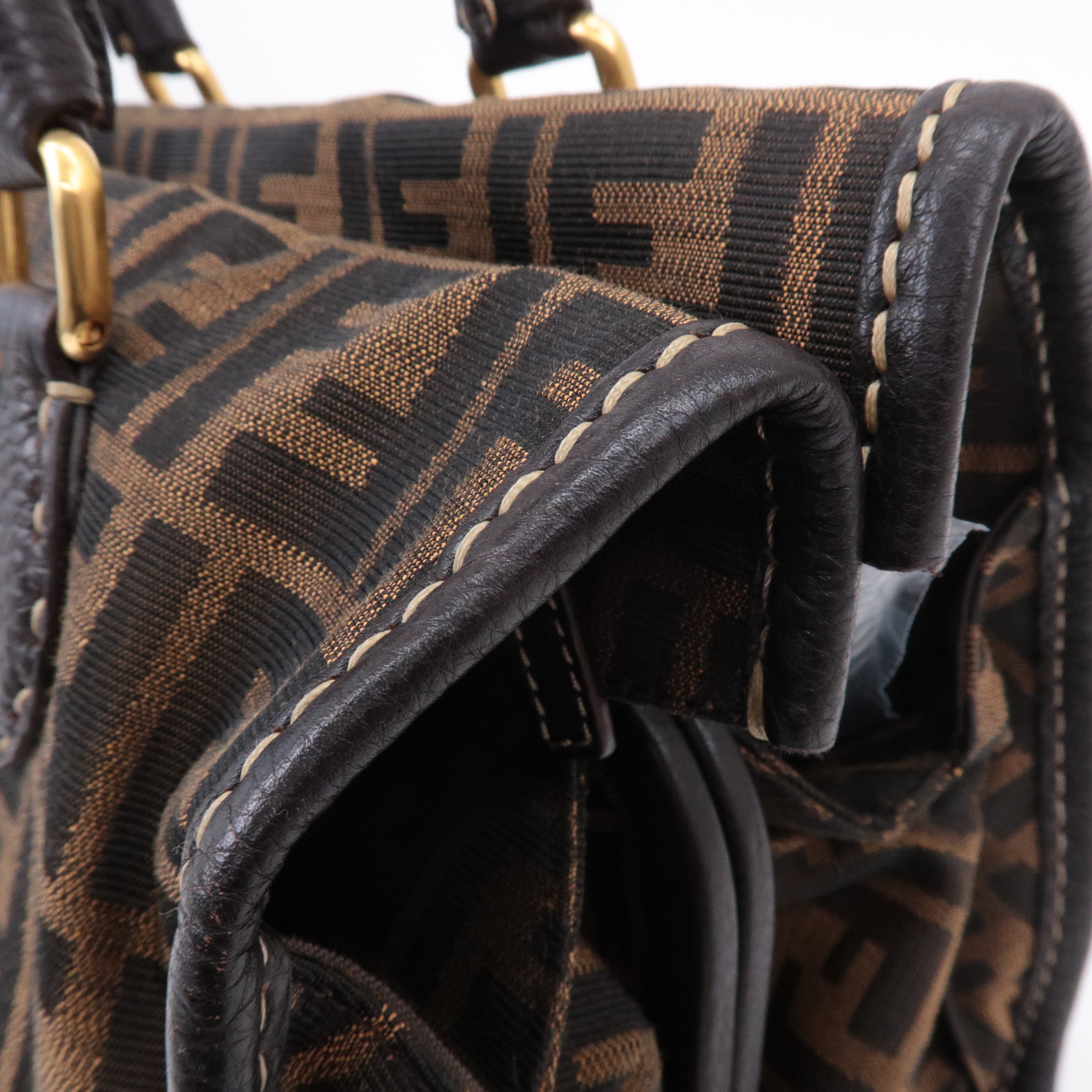 FENDI Selleria Zucca Canvas Leather Hand Bag Brown Black 8BN218