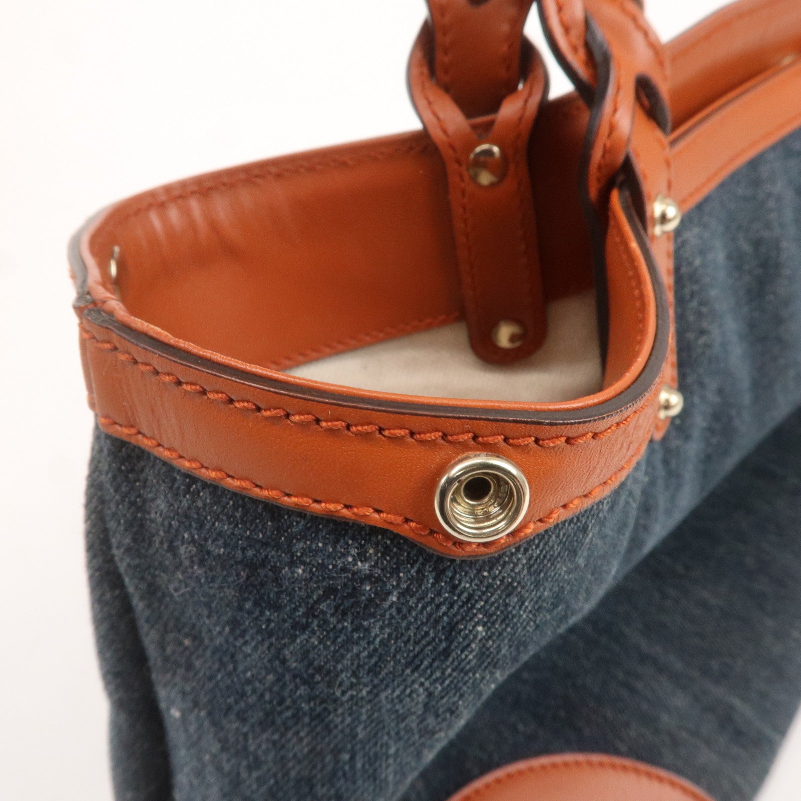 GUCCI Craft Denim Leather Tote Bag Hand Bag Navy Brown 348715