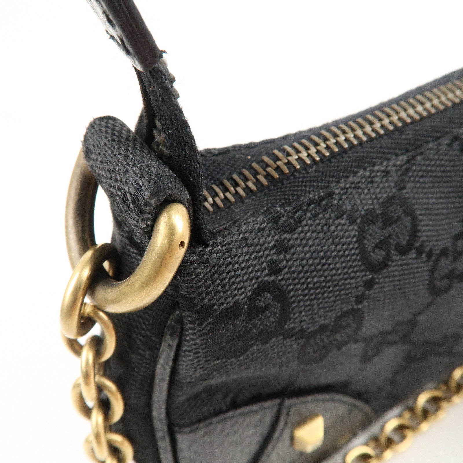 GUCCI GG Canvas Leather Chain Hand Bag Pouch Black 120940