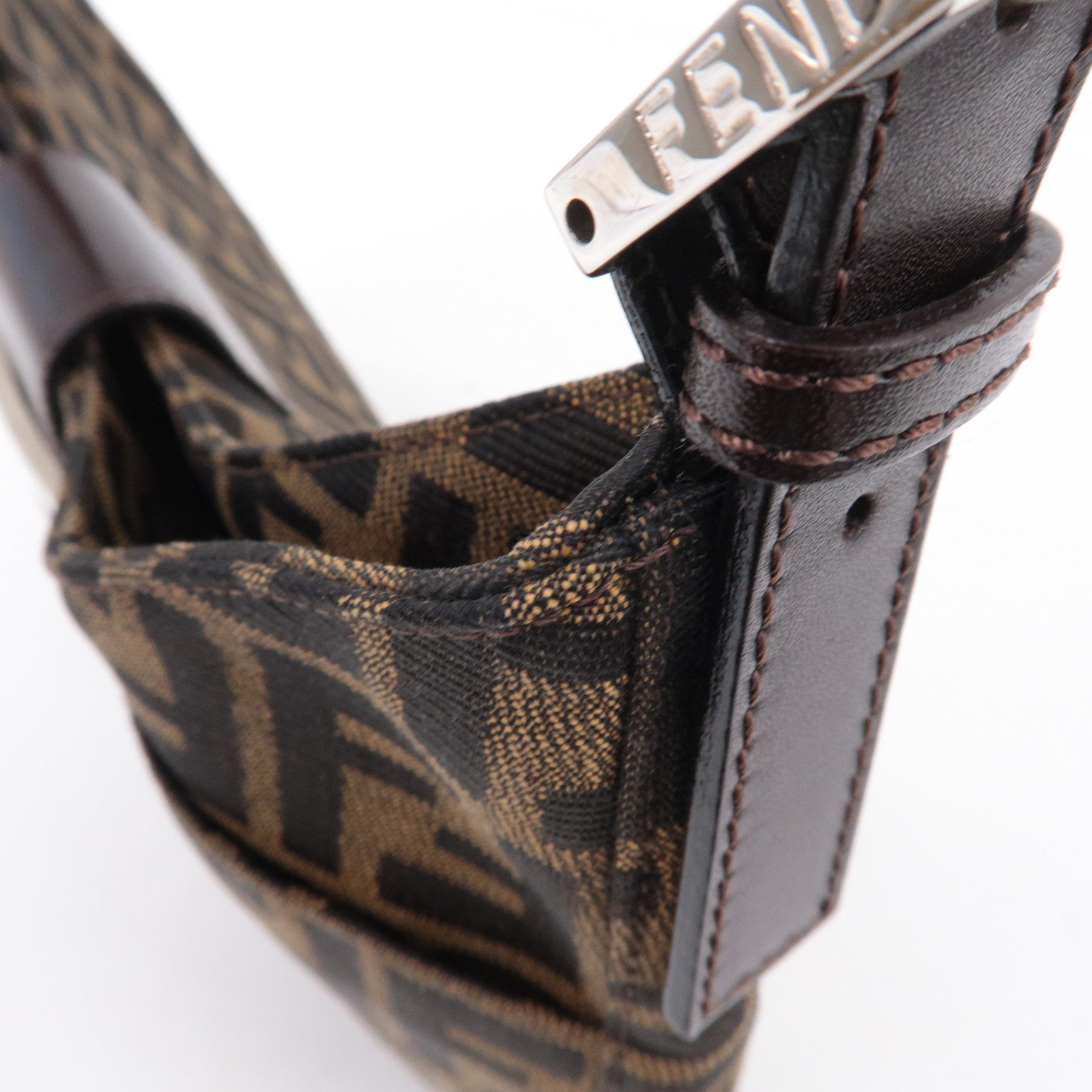 FENDI Zucca Canvas Leather Shoulder Bag Brown Black Brown