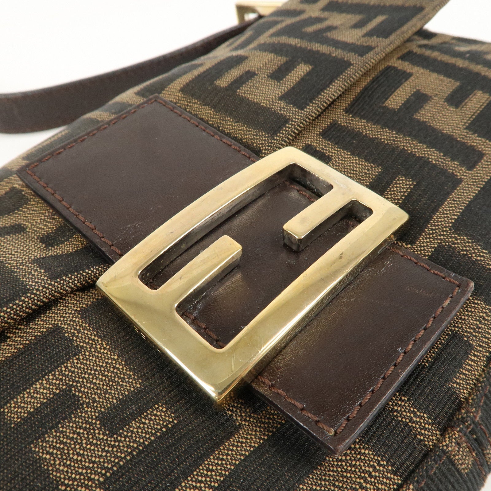 FENDI Mamma Baguette Canvas Leather Shoulder Bag Brown 26424