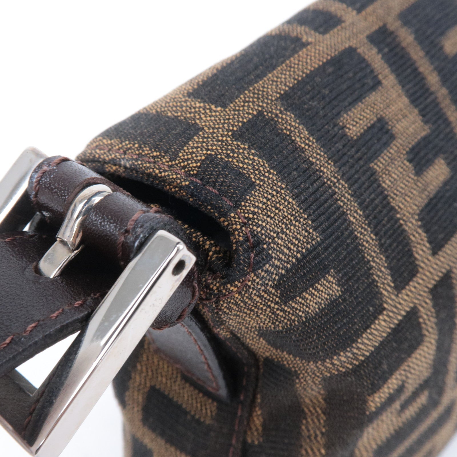 FENDI Mamma Baguette Zucca Canvas Leather Shoulder Bag Brown 26424