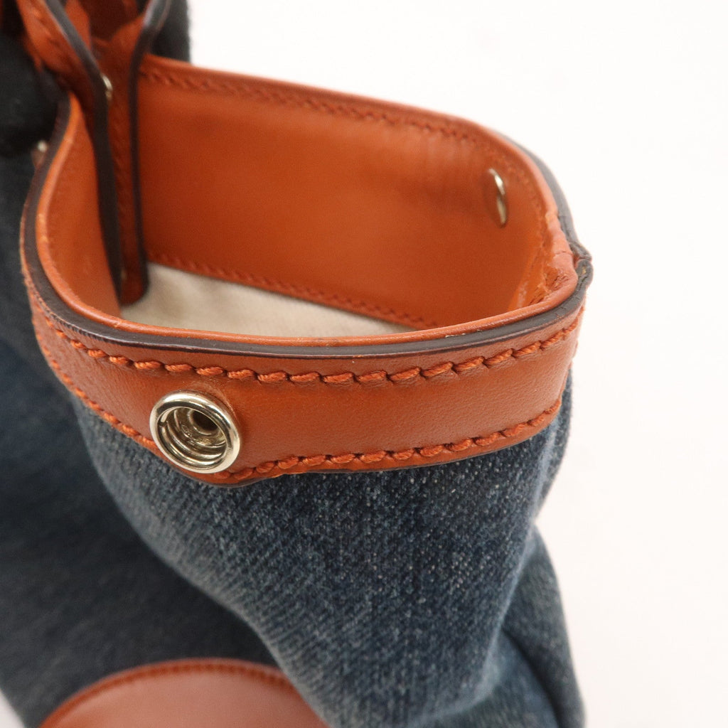 GUCCI Craft Denim Leather Tote Bag Hand Bag Navy Brown 348715