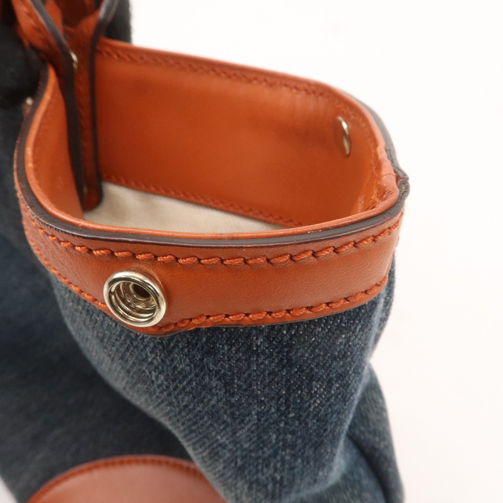 GUCCI Craft Denim Leather Tote Bag Hand Bag Navy Brown 348715