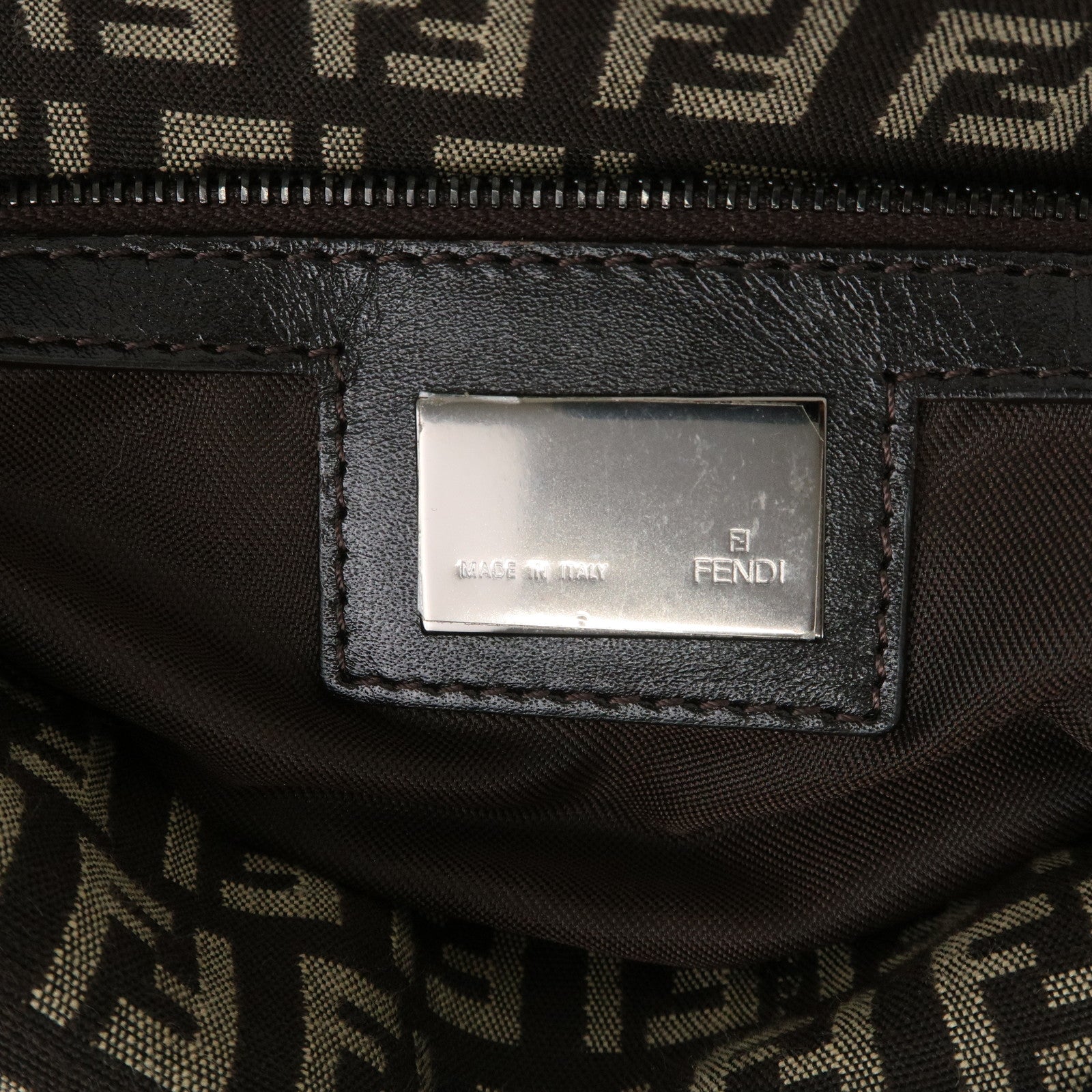 FENDI Zucchino Canvas Leather Shoulder Bag Brown Beige 8BR003