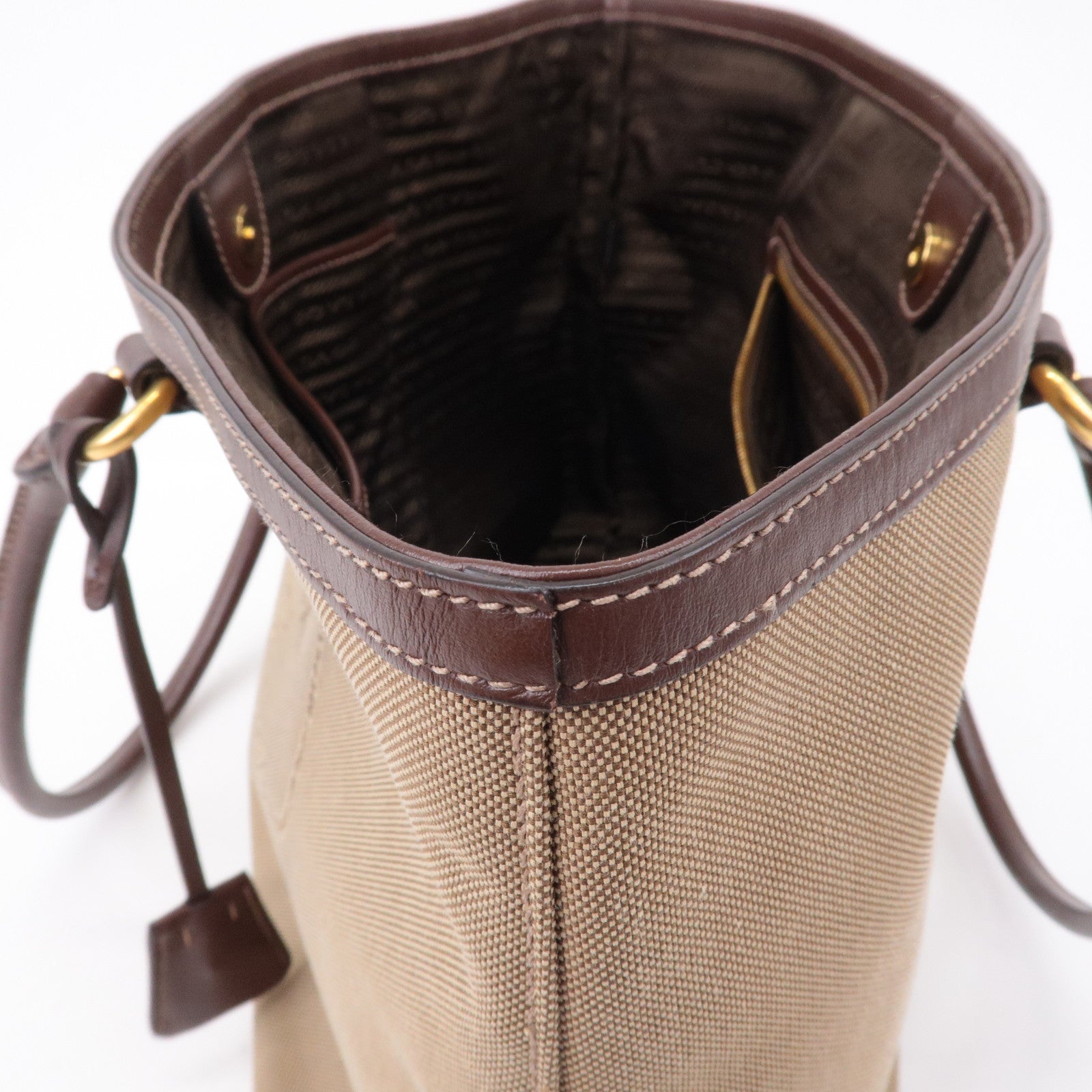 Prada Logo Jacquard Leather Tote Bag Beige Brown 1BG158