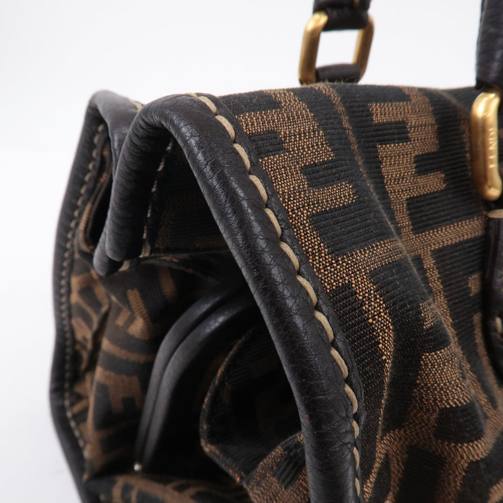 FENDI Selleria Zucca Canvas Leather Hand Bag Brown Black 8BN218