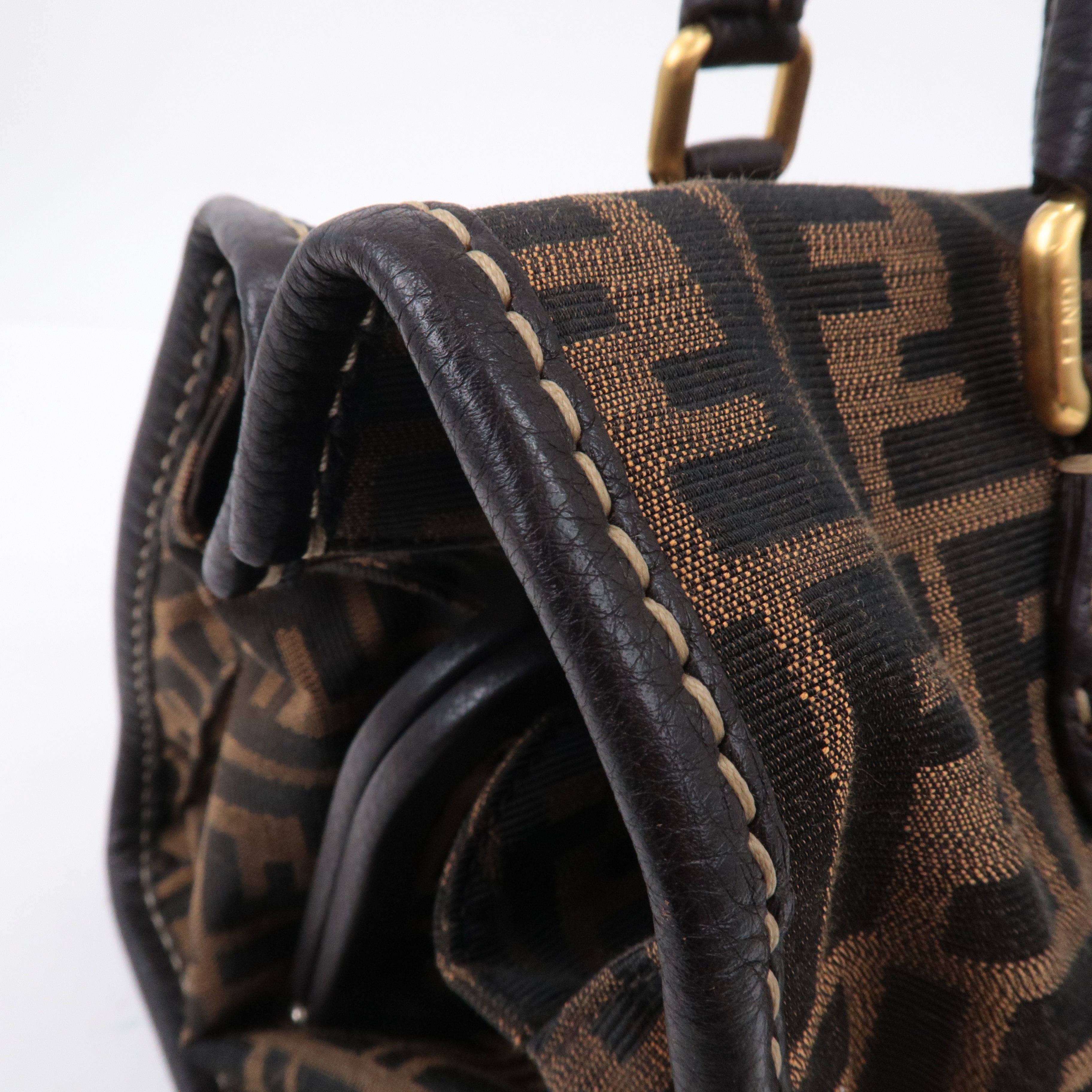 FENDI Selleria Zucca Canvas Leather Hand Bag Brown Black 8BN218