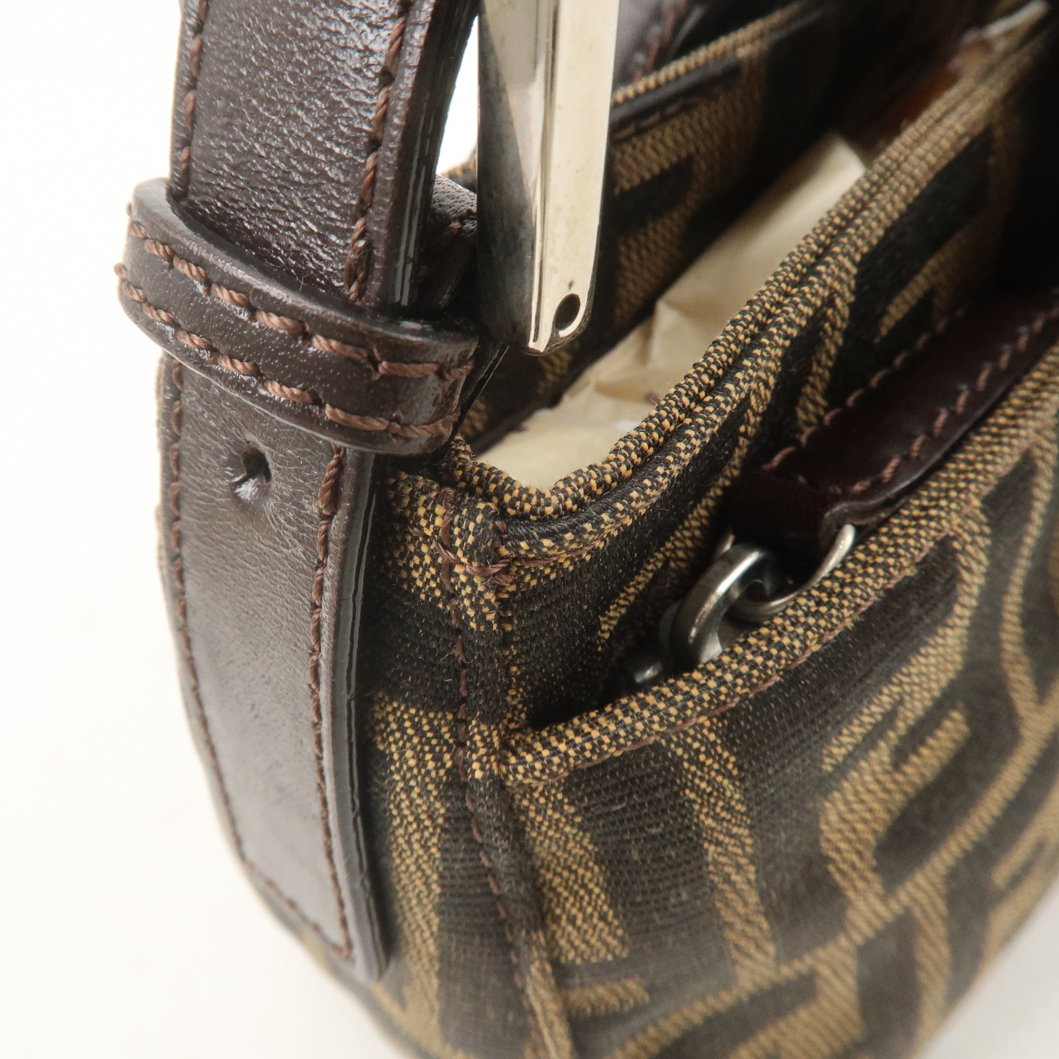 FENDI Zucca Canvas Leather Shoulder Bag Khaki Brown Black 26723