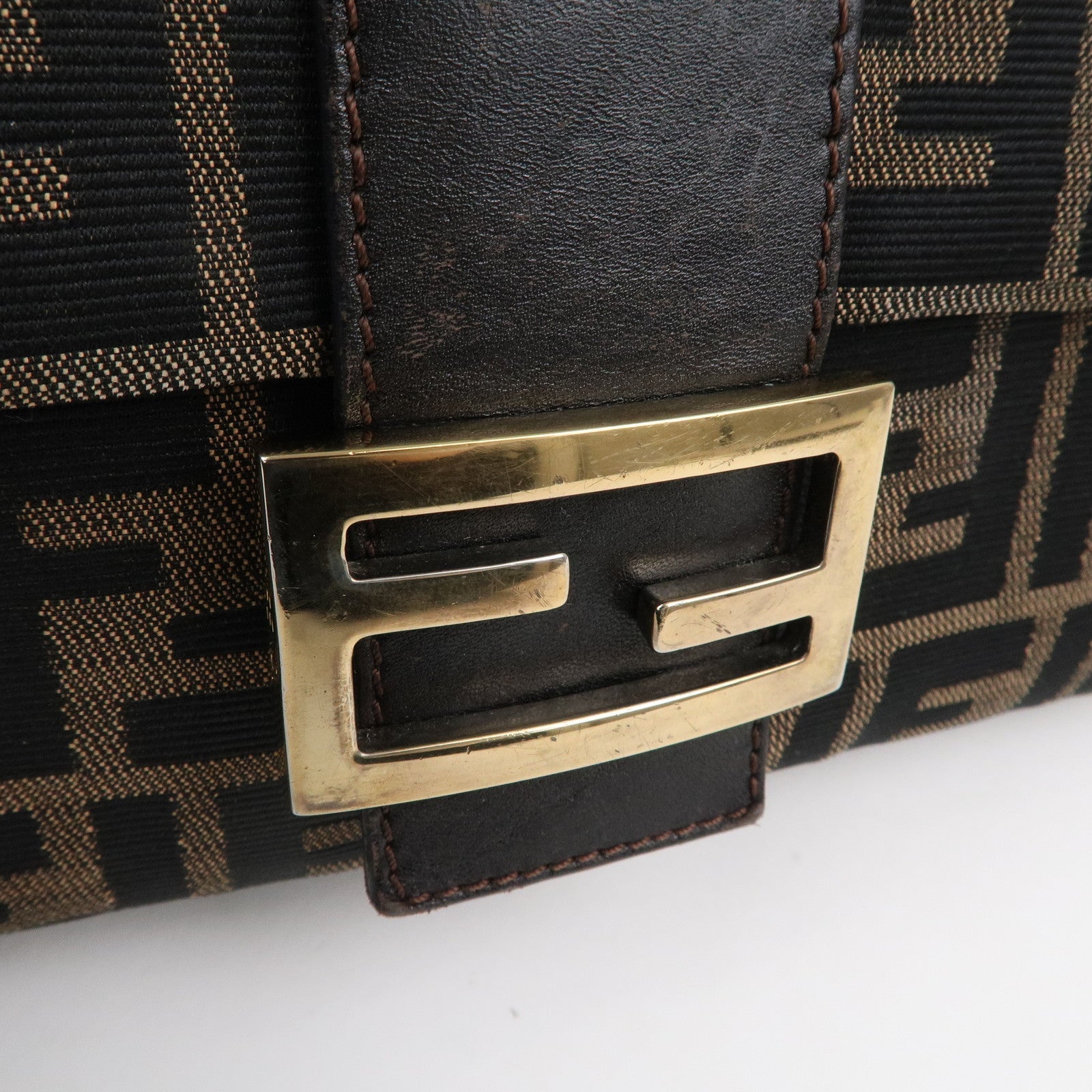 FENDI Mamma Baguette Zucca Canvas Leather Shoulder Bag 26325