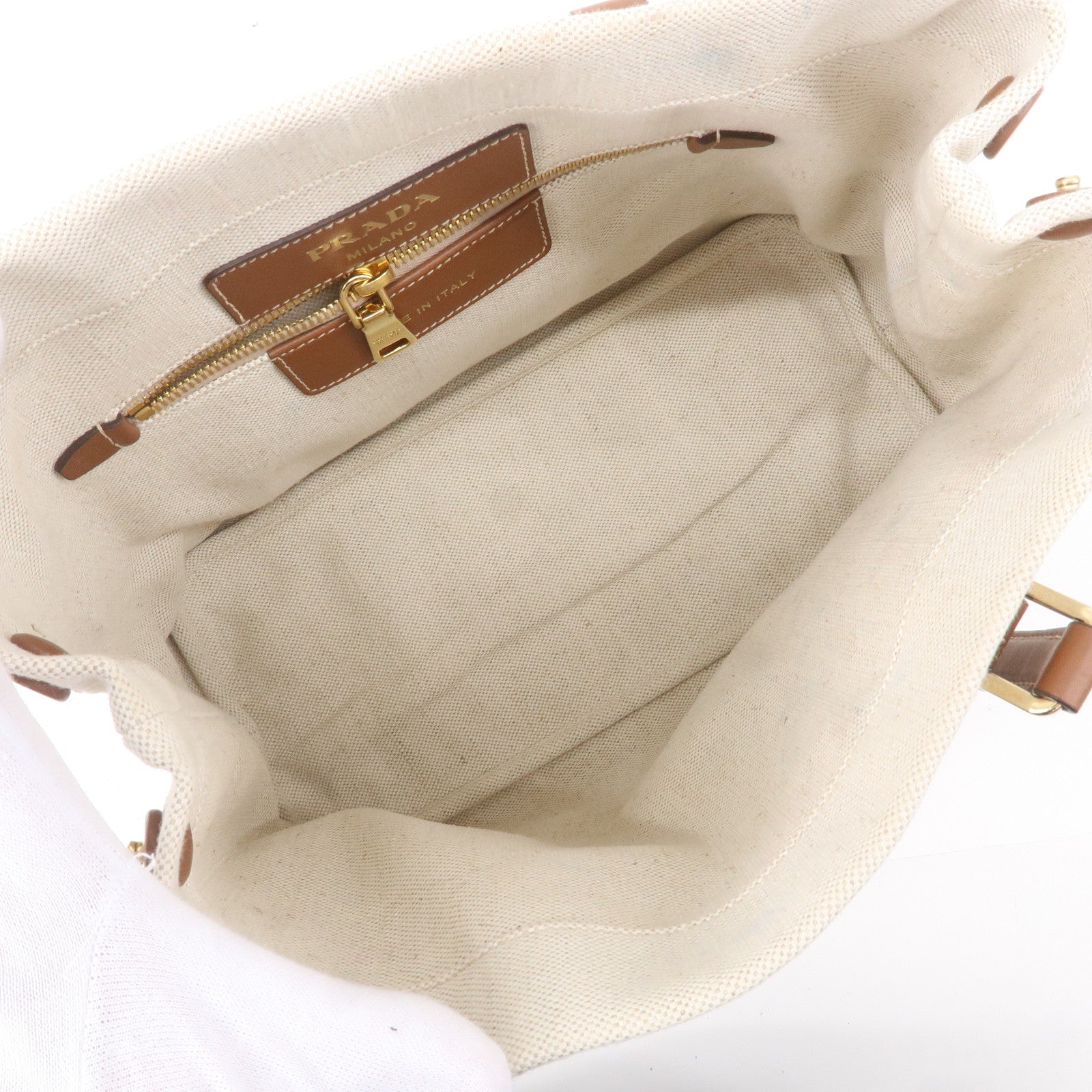 Prada Logo Canvas Linen Leather Tote Bag Ivory Brown IBG356