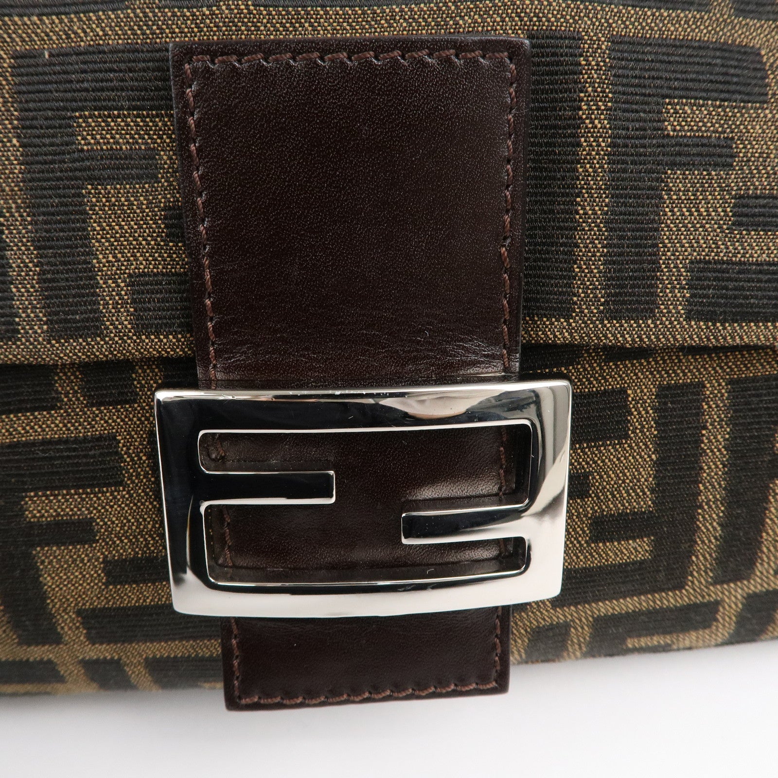 FENDI Mamma Baguette Canvas Leather Shoulder Bag Brown Black 26424