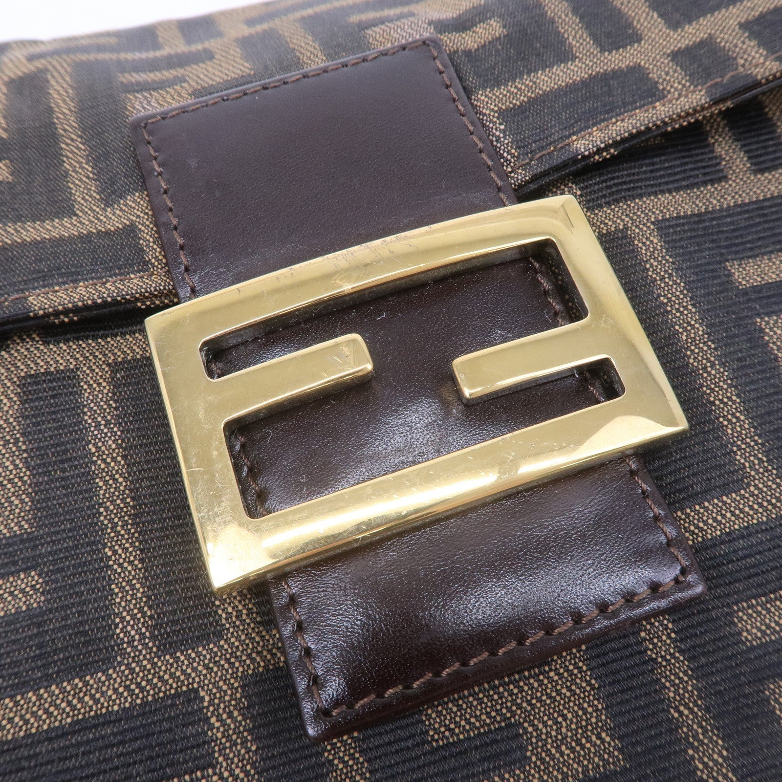 FENDI Zucca Canvas Leather Shoulder Bag Brown Black 16322