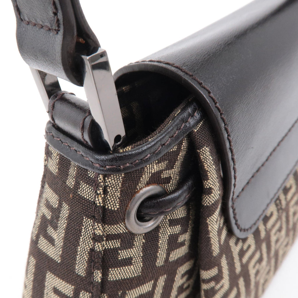 FENDI Zucchino Canvas Leather Shoulder Bag Brown Beige 8BR277