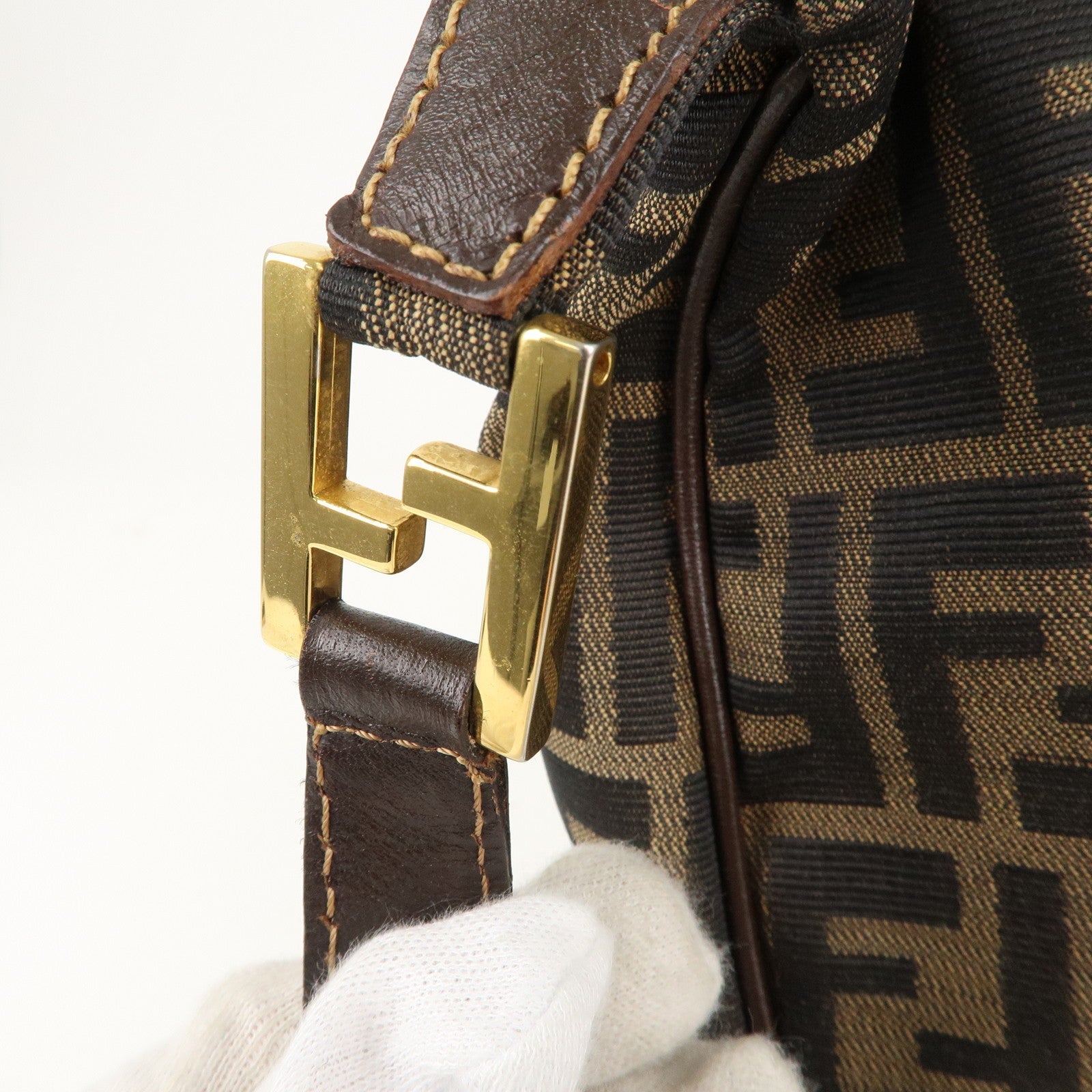 FENDI Zucca Canvas Leather Shoulder Bag Brown Black