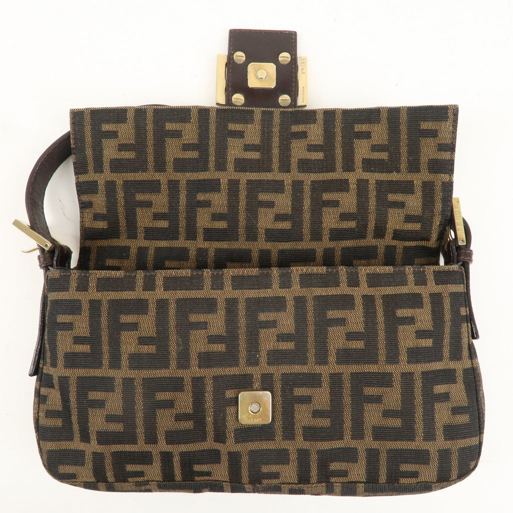FENDI Mamma Baguette Canvas Leather Shoulder Bag Brown 26424