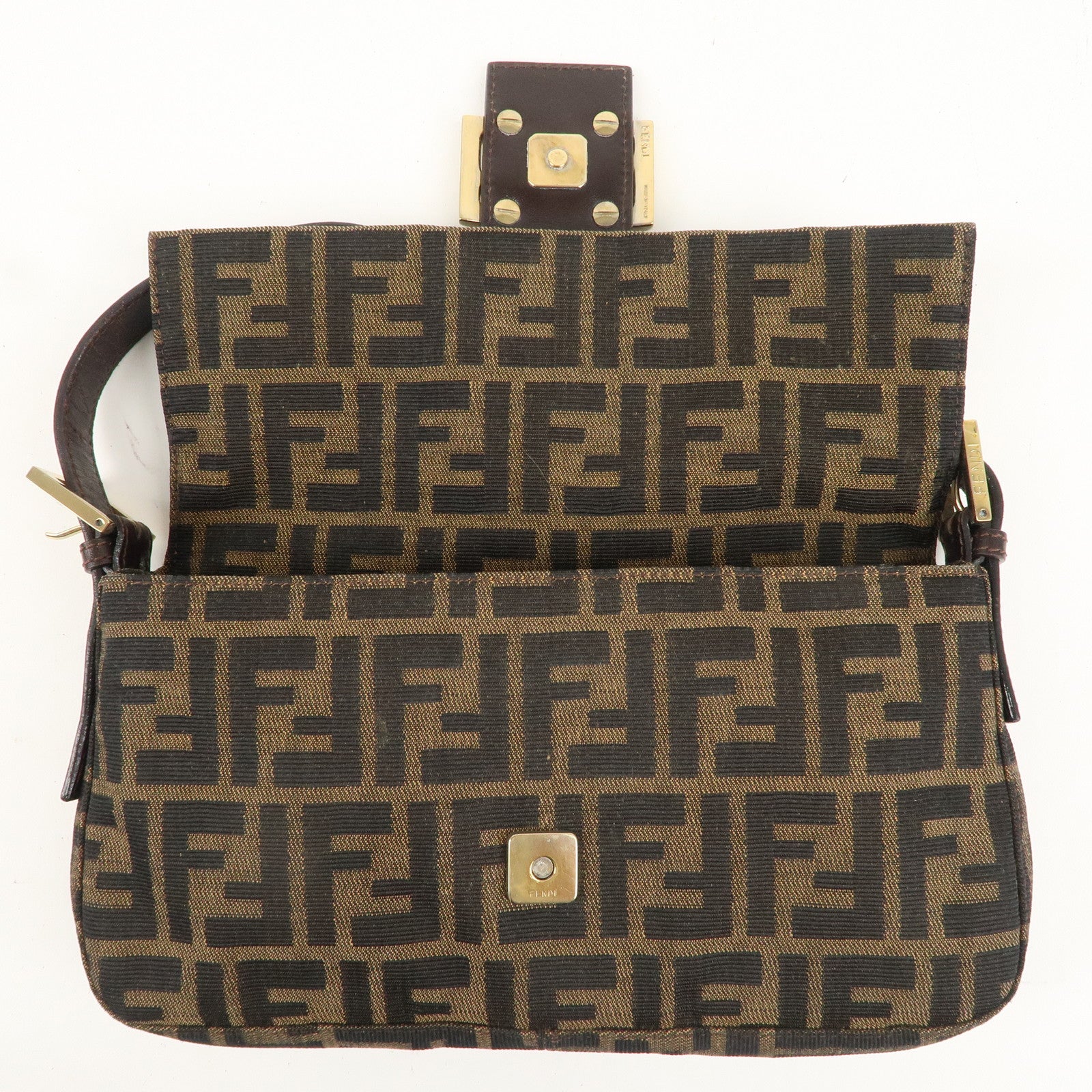 FENDI Mamma Baguette Canvas Leather Shoulder Bag Brown 26424