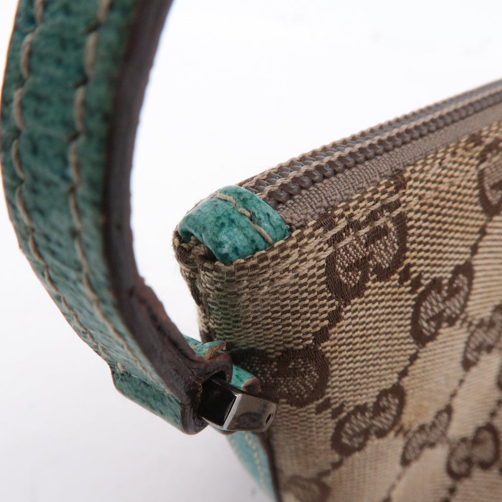 GUCCI Boat Bag GG Canvas Leather Pouch Emerald Green Beige 07198