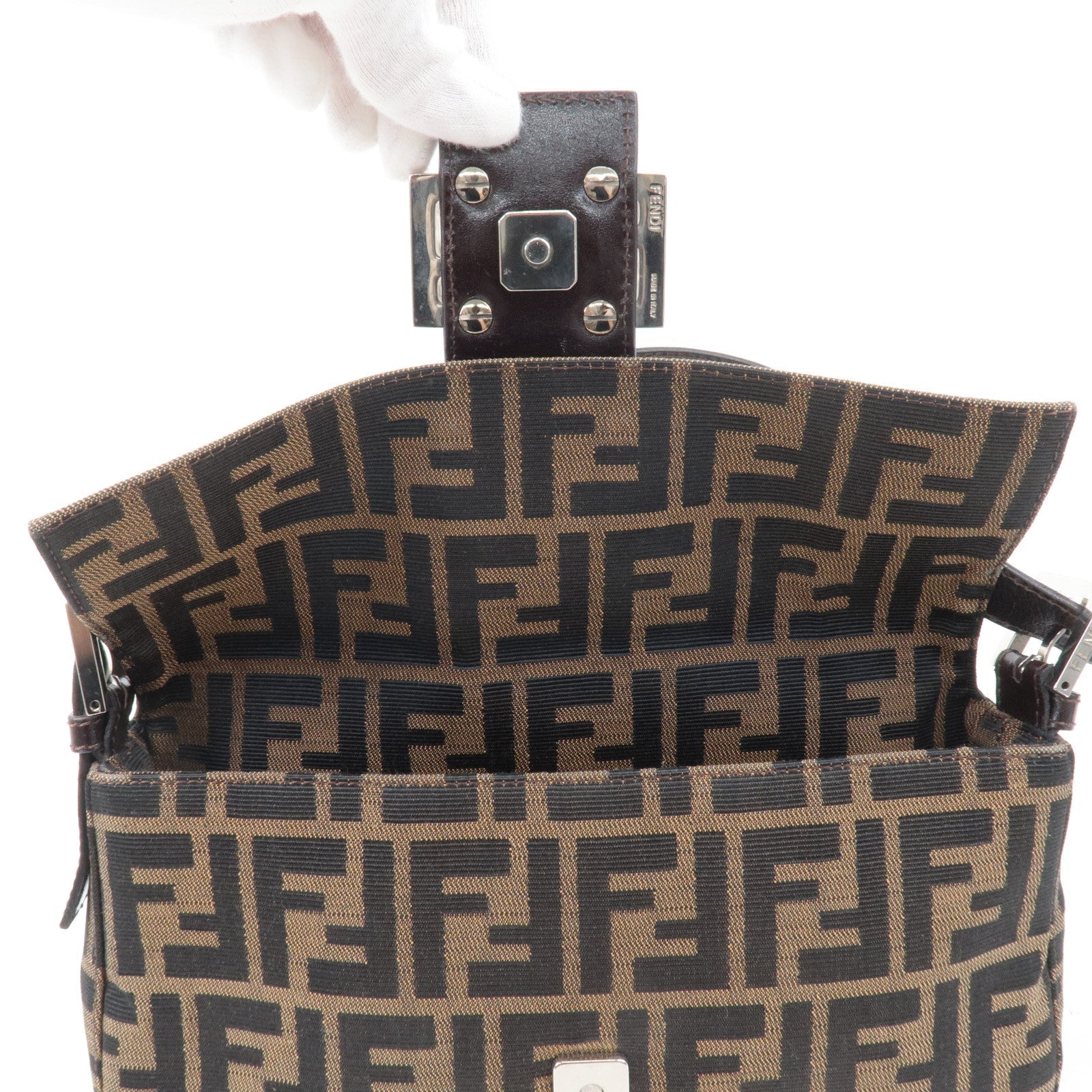 FENDI Mamma Baguette Zucca Canvas Leather Bag Brown 26424