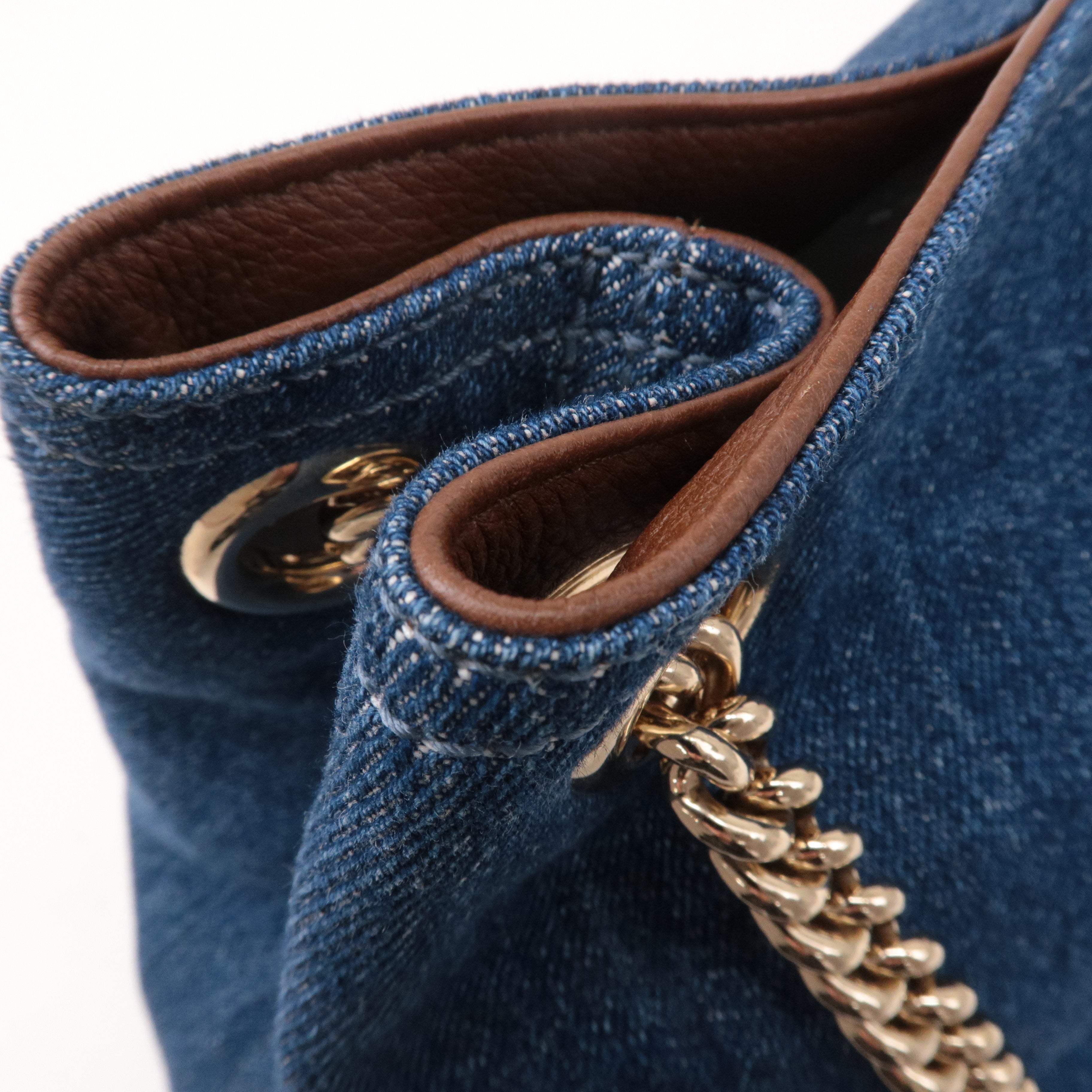 GUCCI SOHO Denim Leather Chain Shoulder Bag Blue Brown 308982