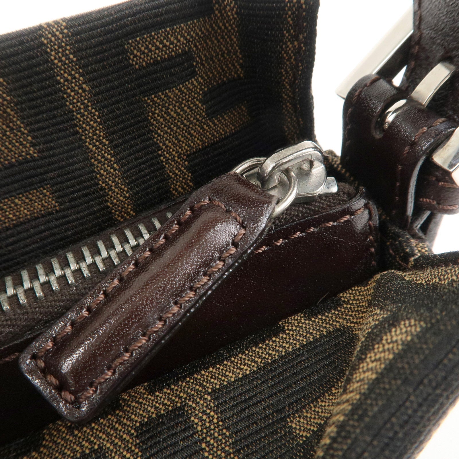 FENDI Zucca Canvas Leather Shoulder Bag Brown Black 26566