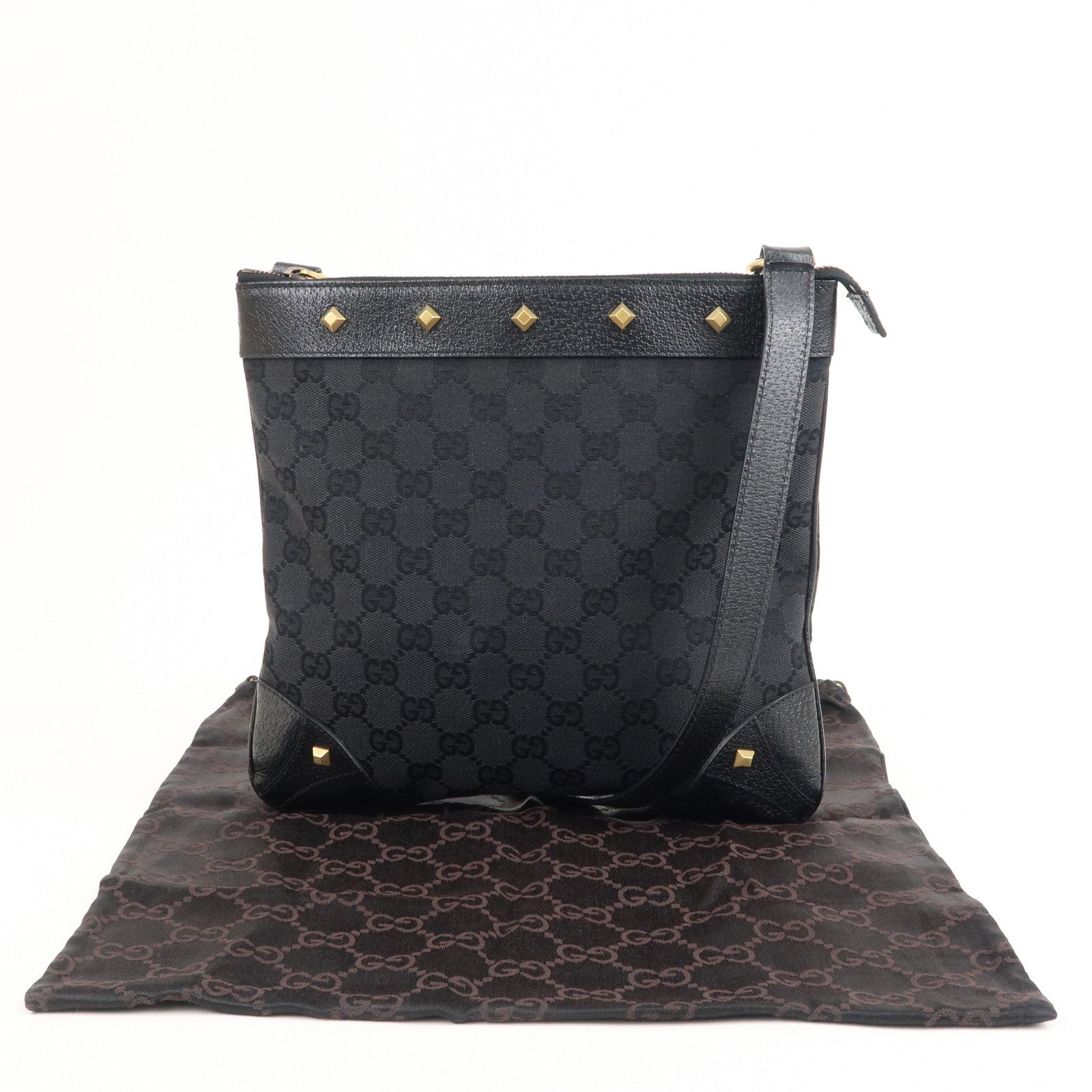 GUCCI GG Canvas Leather Studs Shoulder Bag Black 120893