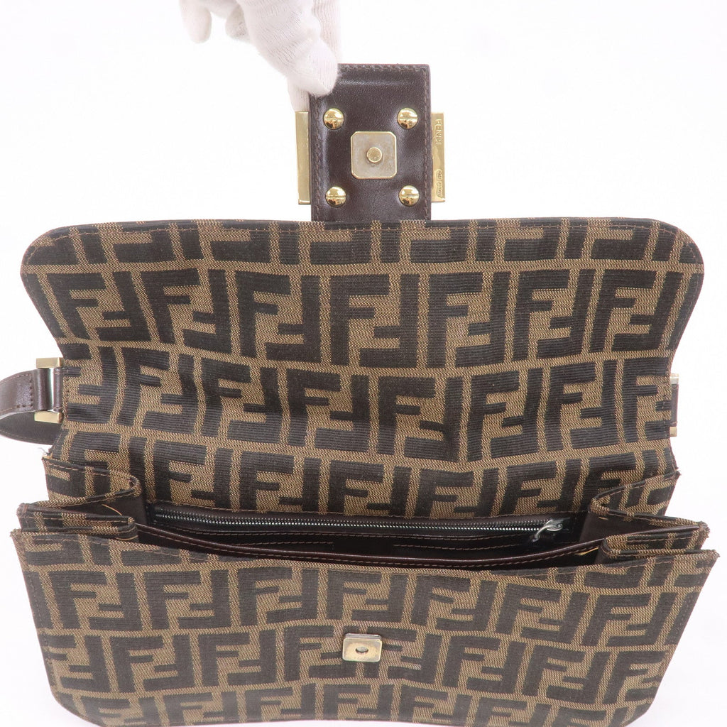 FENDI Zucca Canvas Leather Shoulder Bag Brown Black 16322