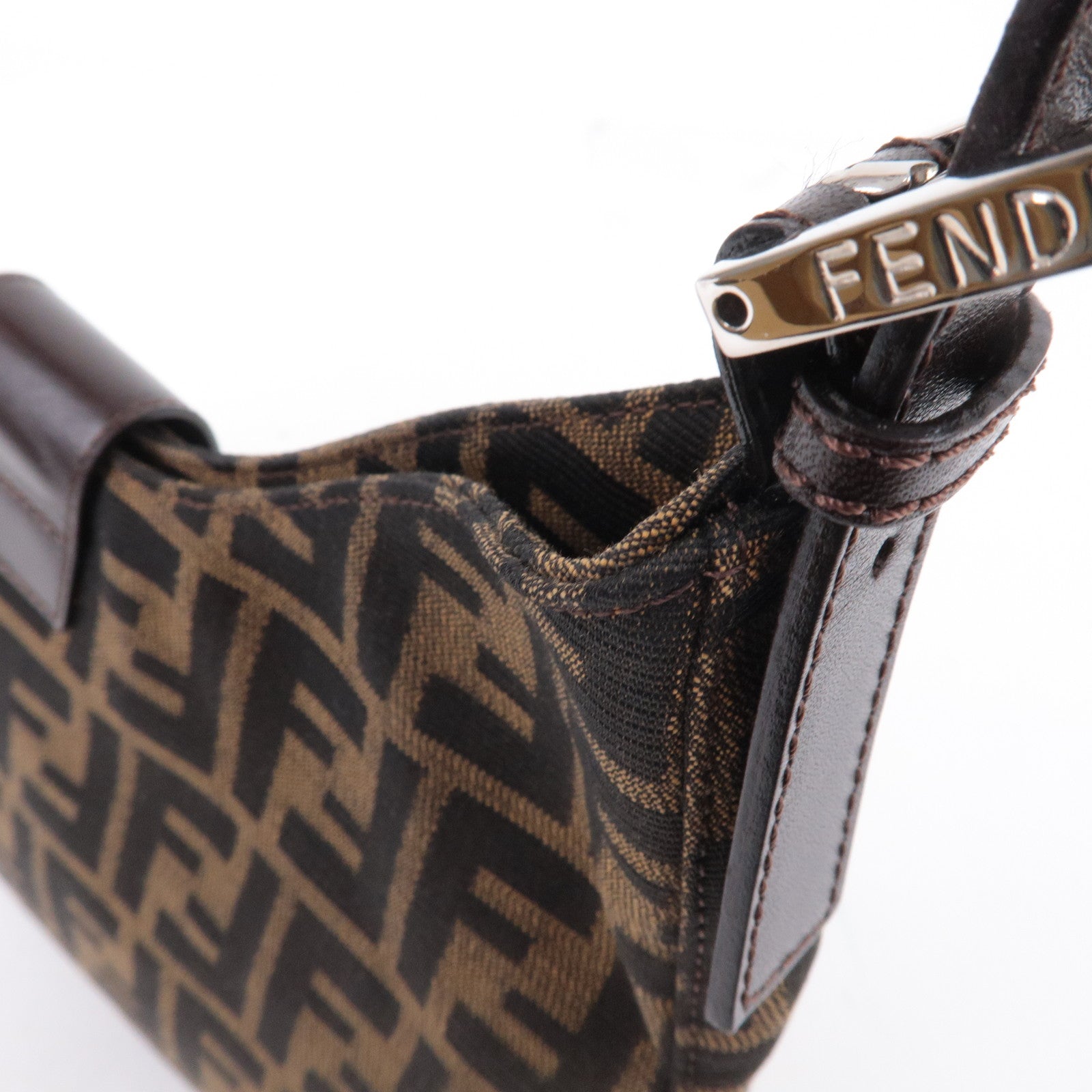 FENDI Zucca Canvas Leather Shoulder Bag Brown Black Brown