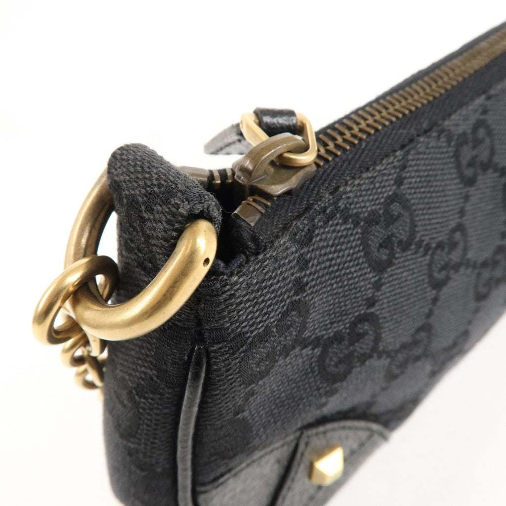 GUCCI GG Canvas Leather Chain Hand Bag Pouch Black 120940