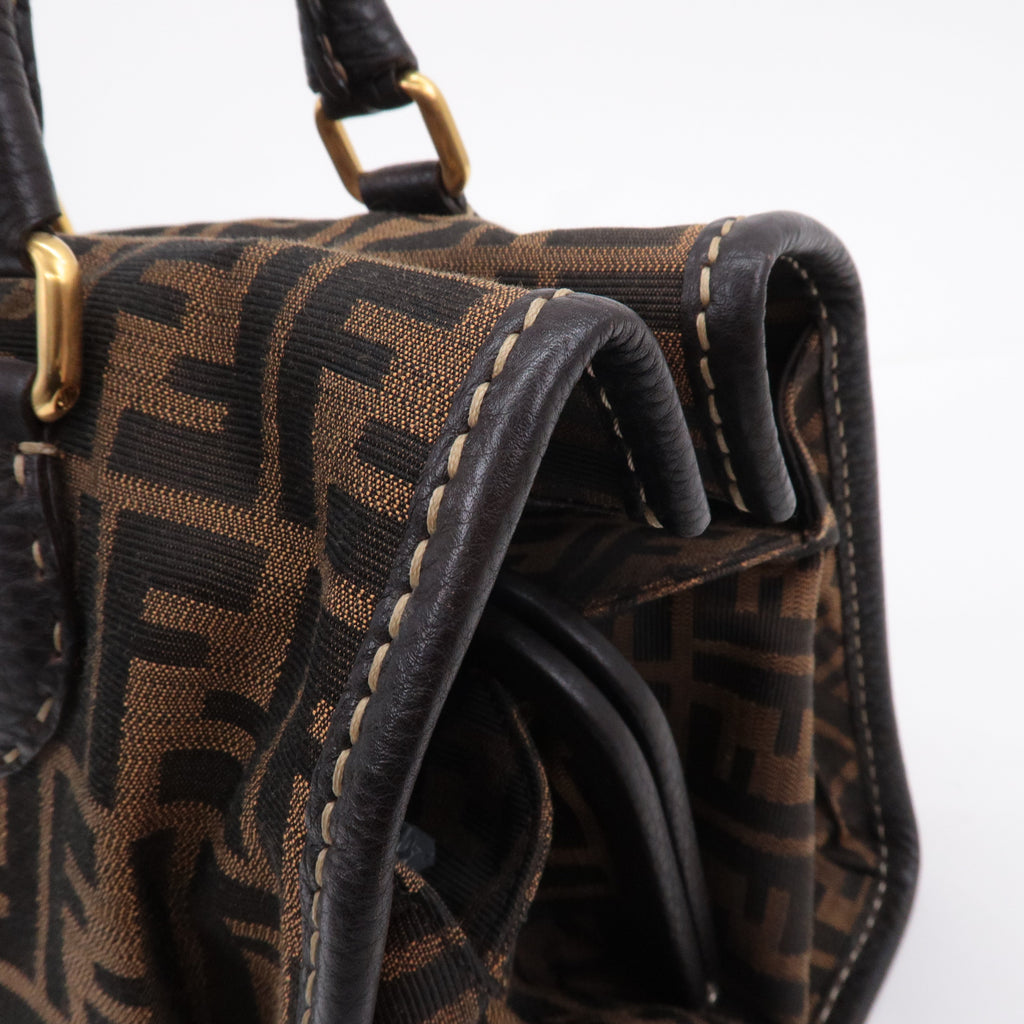 FENDI Selleria Zucca Canvas Leather Hand Bag Brown Black 8BN218