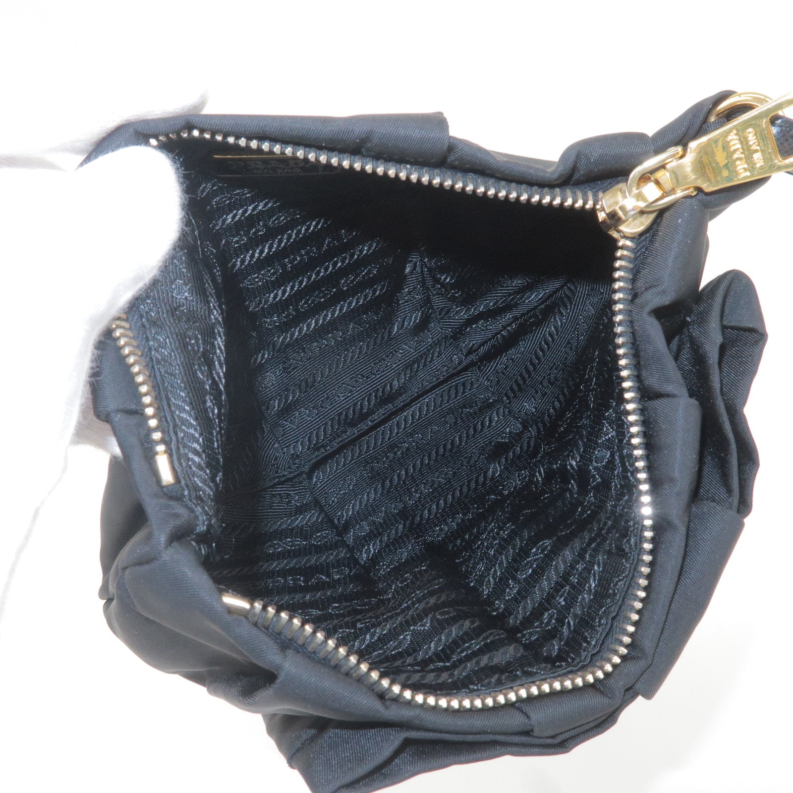 Prada Logo Nylon Leather Pouch Clutch Bag Wristlet Black 1N1422