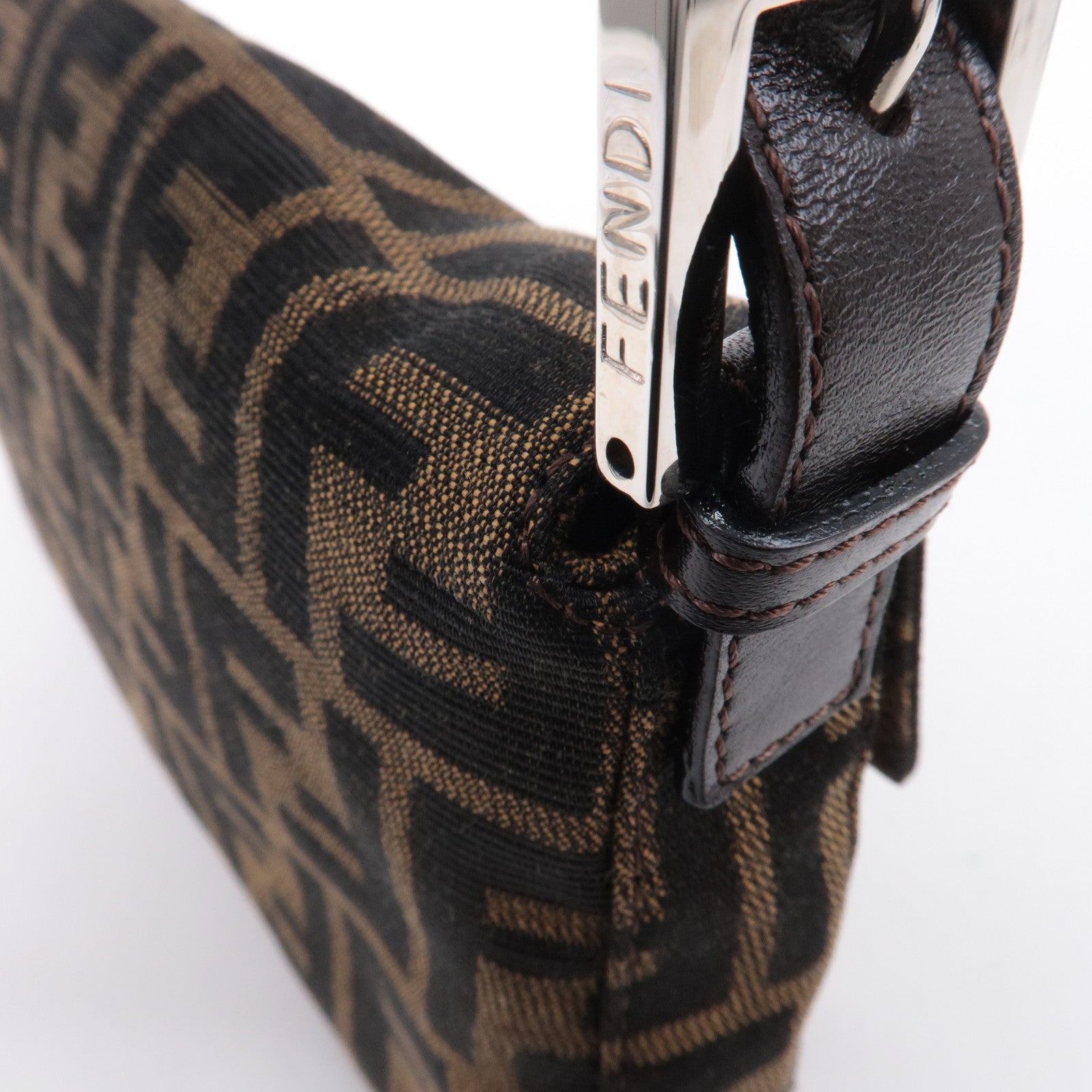 FENDI Mamma Baguette Zucca Canvas Leather Shoulder Bag Brown 26424