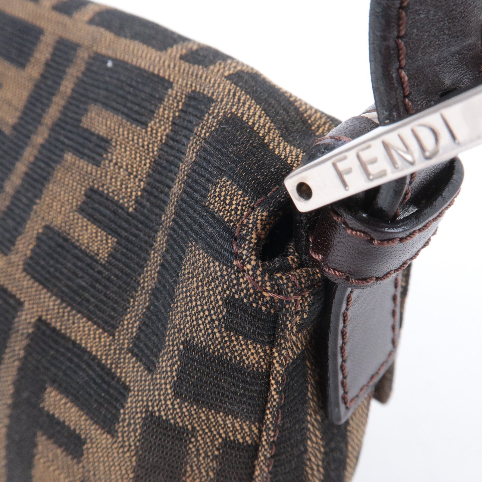 FENDI Mamma Baguette Zucca Canvas Leather Shoulder Bag Brown 26424