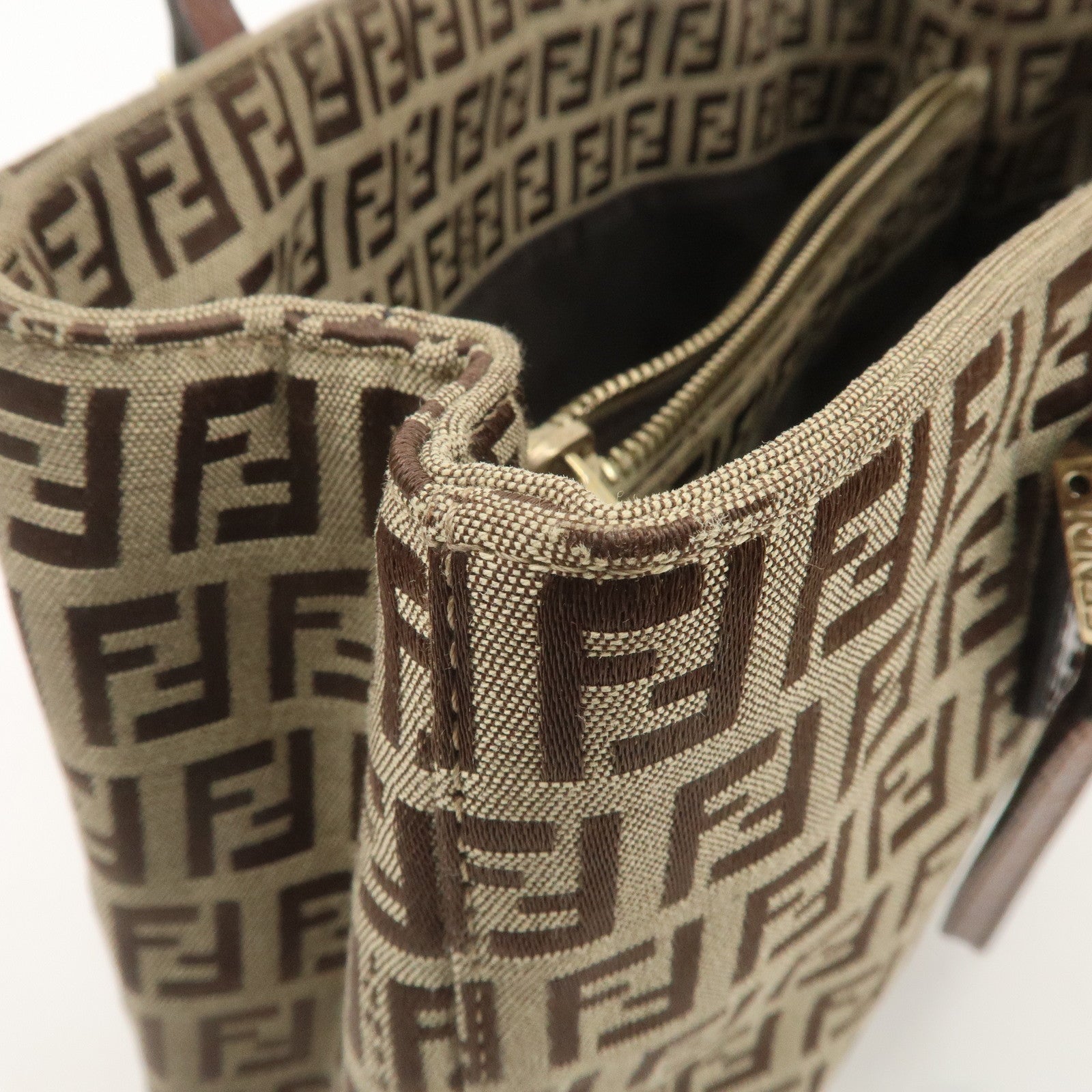 FENDI Zucchino Canvas Leather Mini Tote Bag Beige Brown 8BH132