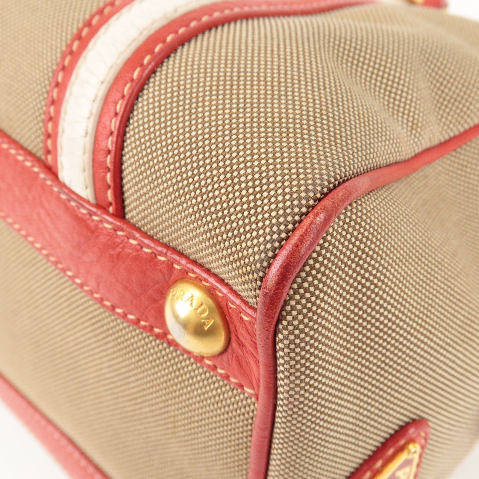 Prada Logo Jacquard Canvas Leather 2Way Shoulder Bag Beige Red