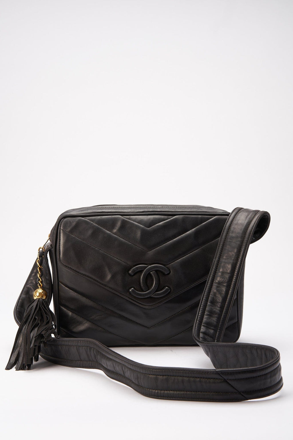 Chanel Quilted Chevron All Black Camera Crossbody Bag