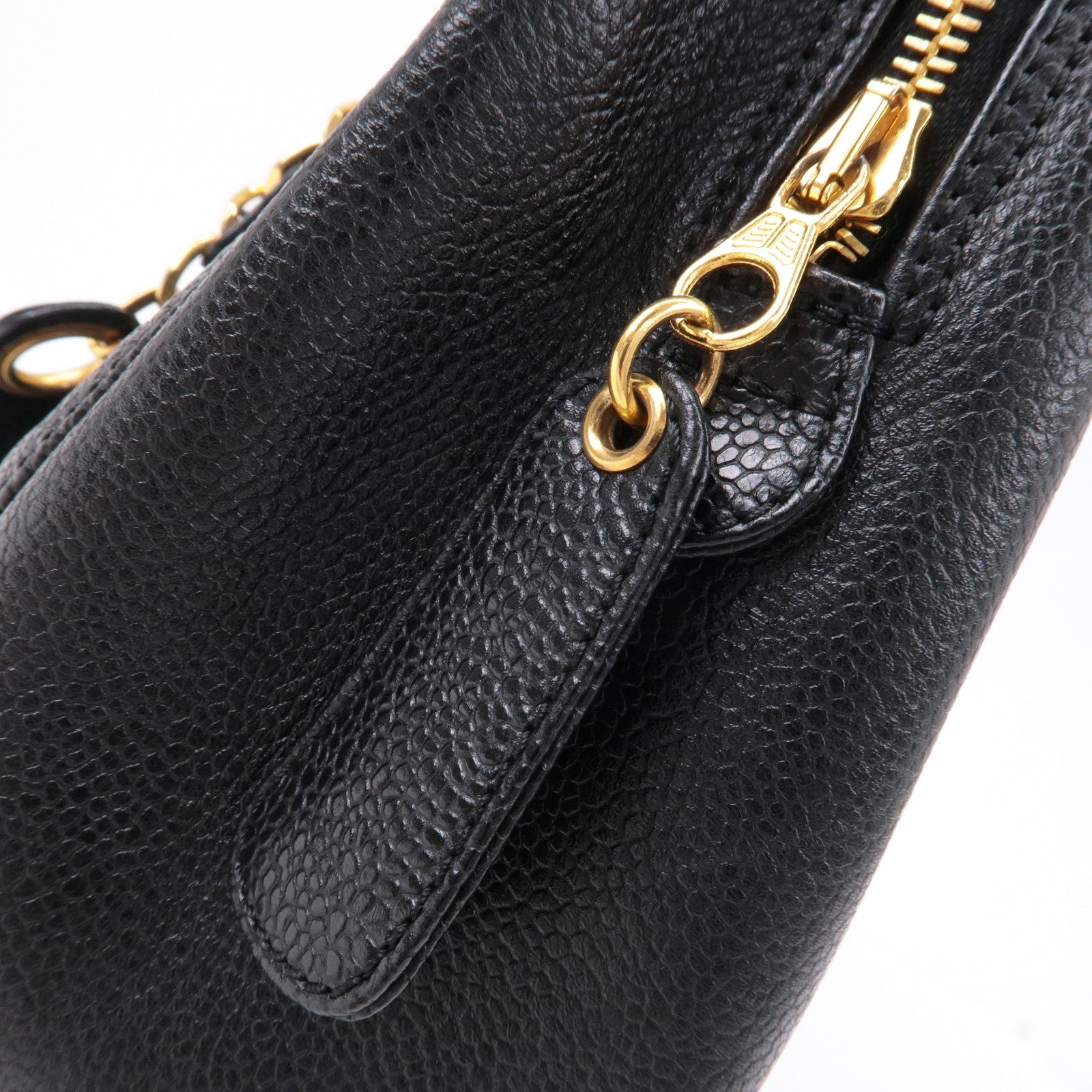 CHANEL Caviar Skin Chain Tote Bag Shoulder Bag Gold Black