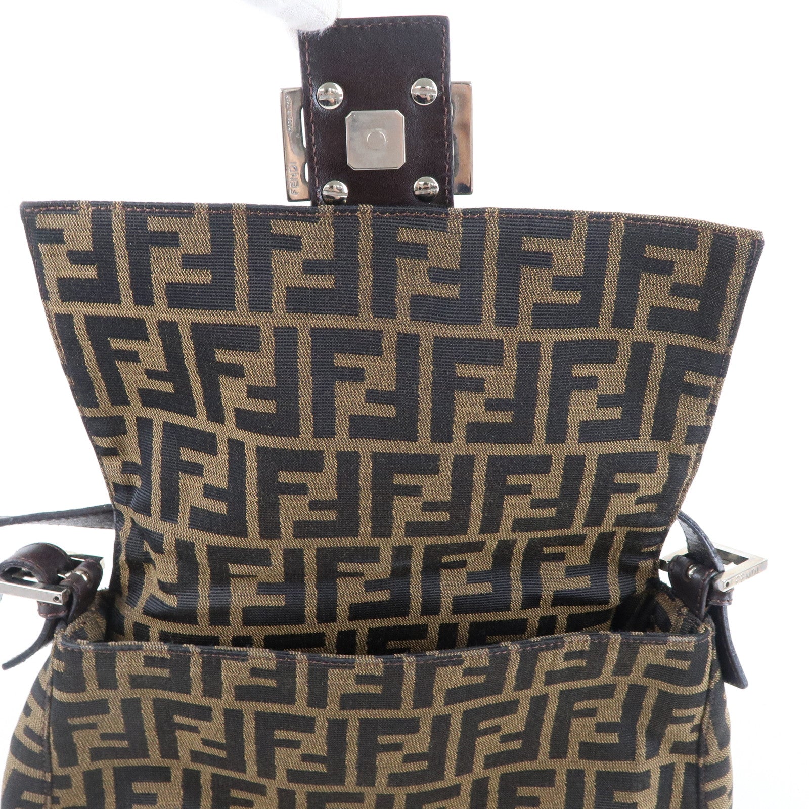 FENDI Zucca Mamma Baguette Canvas Leather Shoulder Bag 26325