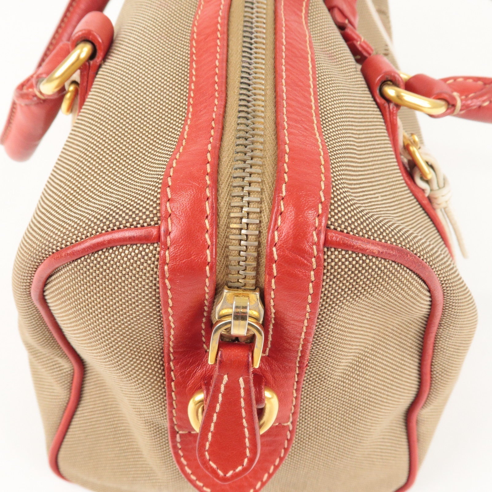 Prada Logo Jacquard Canvas Leather 2Way Shoulder Bag Beige Red