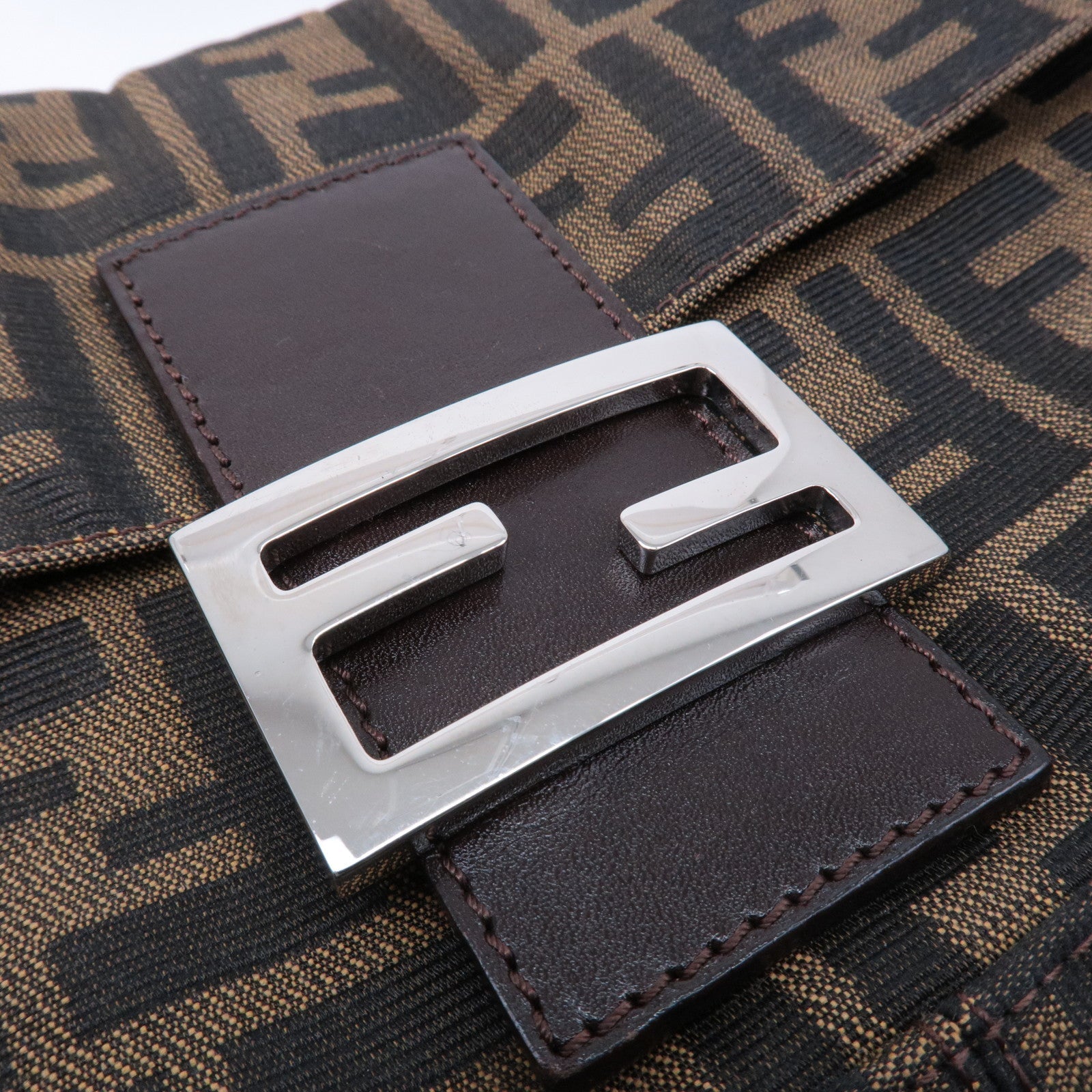 FENDI Mamma Baguette Zucca Canvas Leather Shoulder Bag Brown 26424
