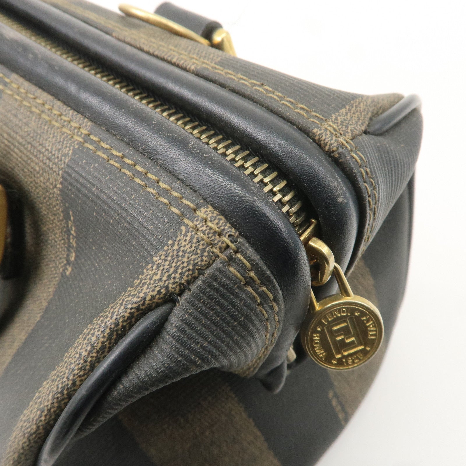 FENDI Pequin PVC Leather Mini Boston Bag Brown Black 04498
