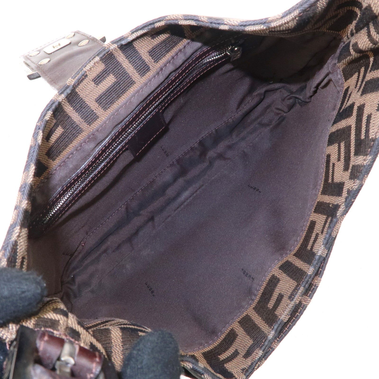 FENDI Zucca Canvas Leather Shoulder Bag Brown Black 26569