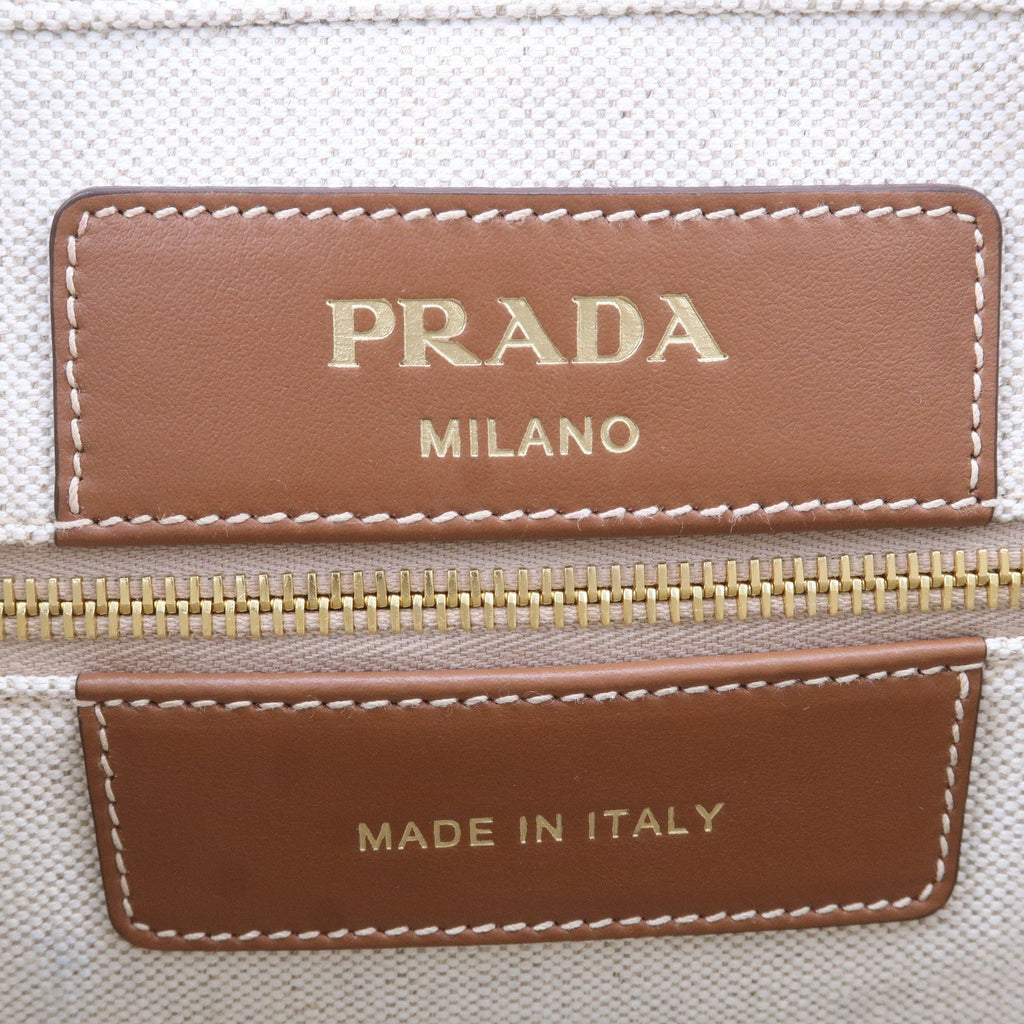 Prada Logo Canvas Linen Leather Tote Bag Ivory Brown IBG356