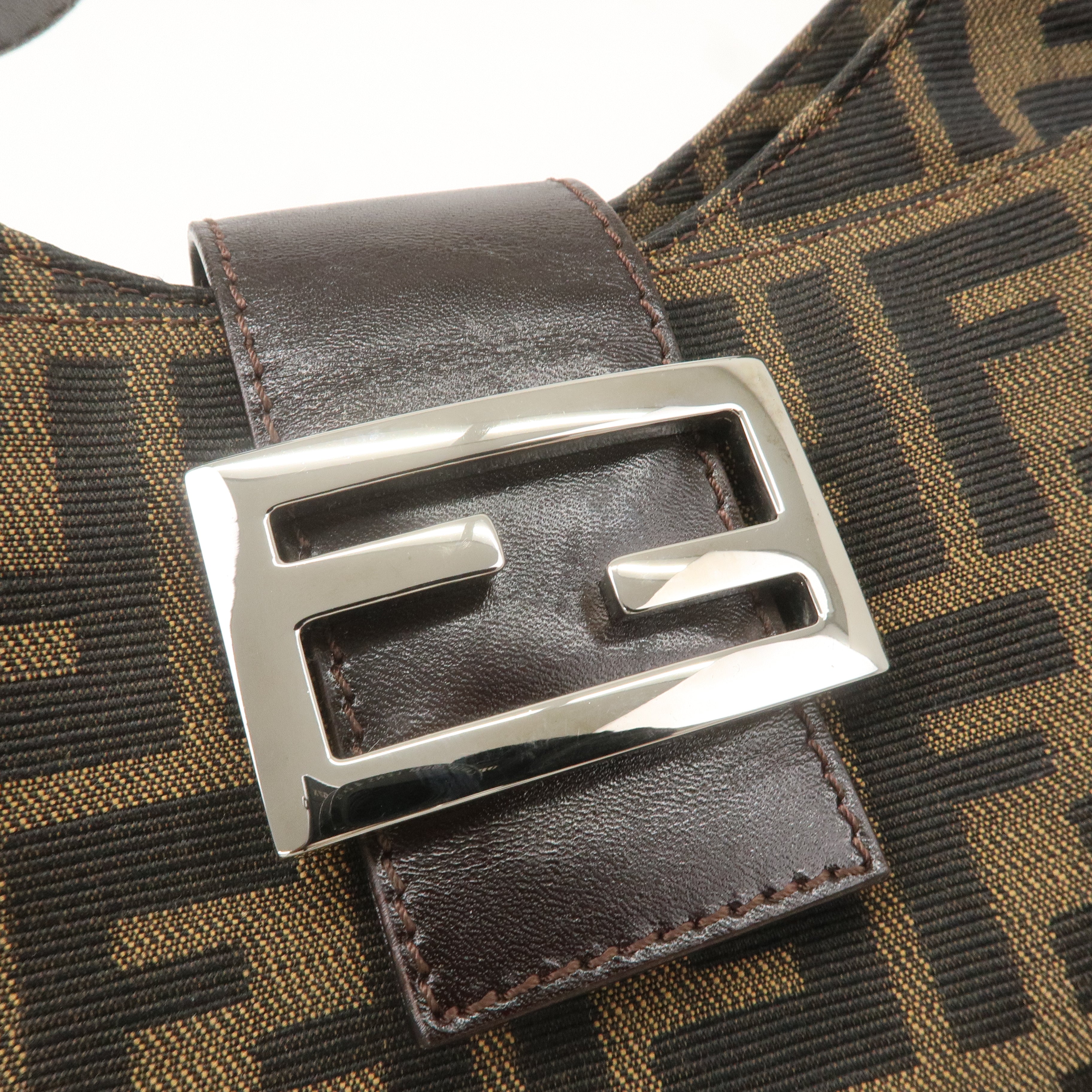 FENDI Zucca Canvas Leather Shoulder Bag Brown Black 26569