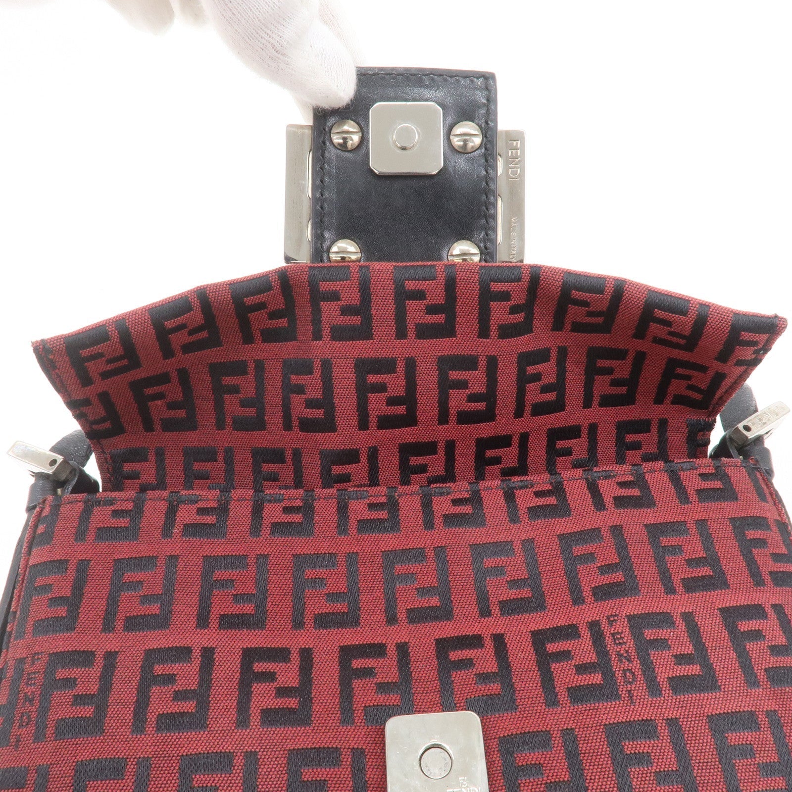 FENDI Mini Mamma Baguette Zucchino Canvas Leather Bag Red 8BK005